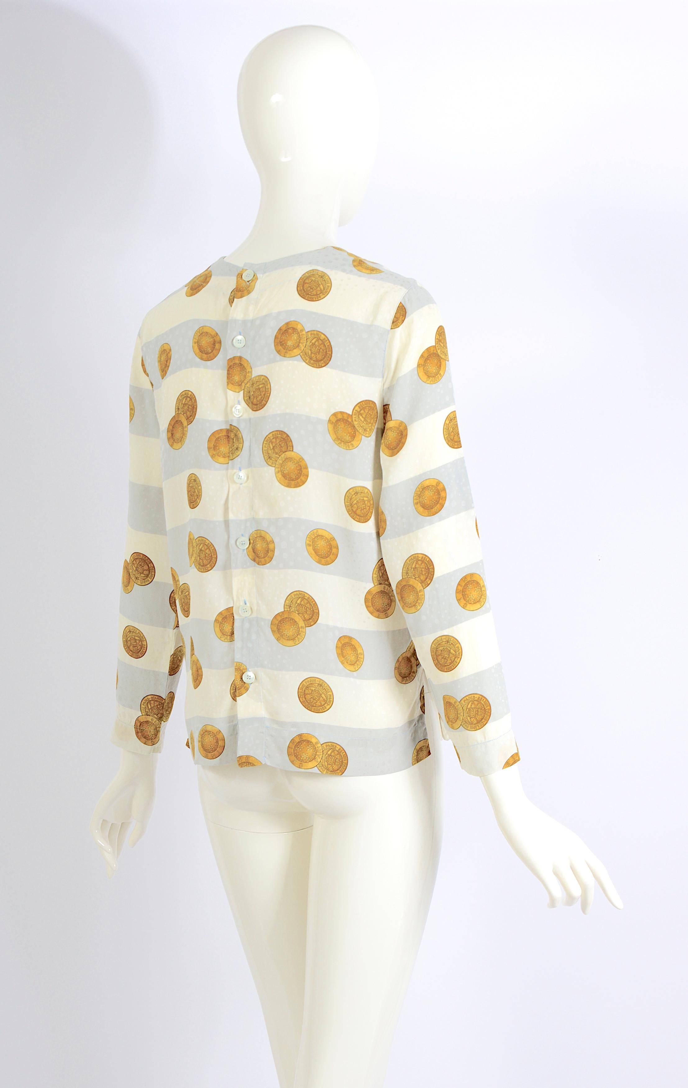 Céline Paris 80s timeless vintage striped silk printed signed gold coins blouse. For Sale 1
