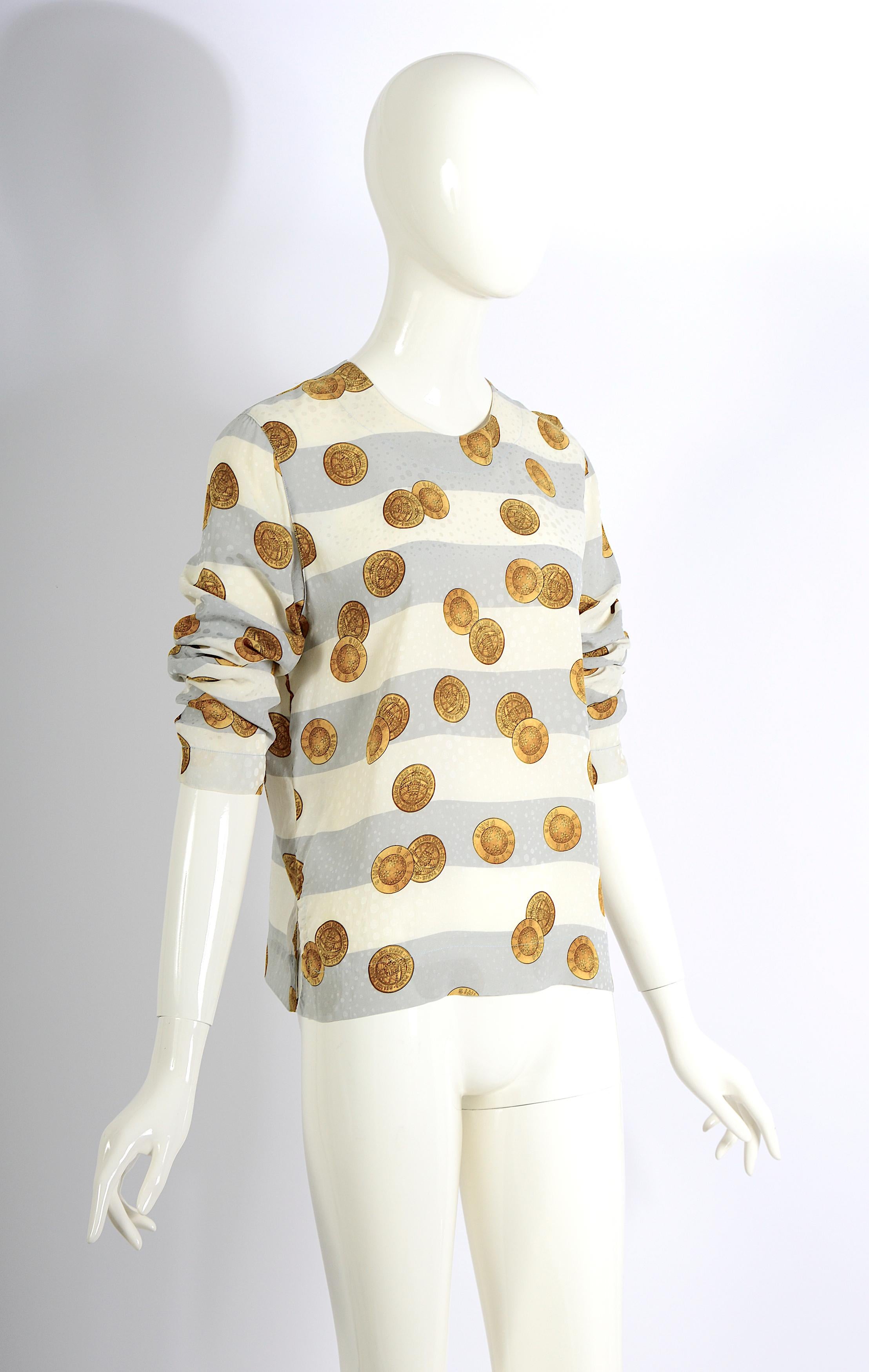 Céline Paris 80s timeless vintage striped silk printed signed gold coins blouse. For Sale 3