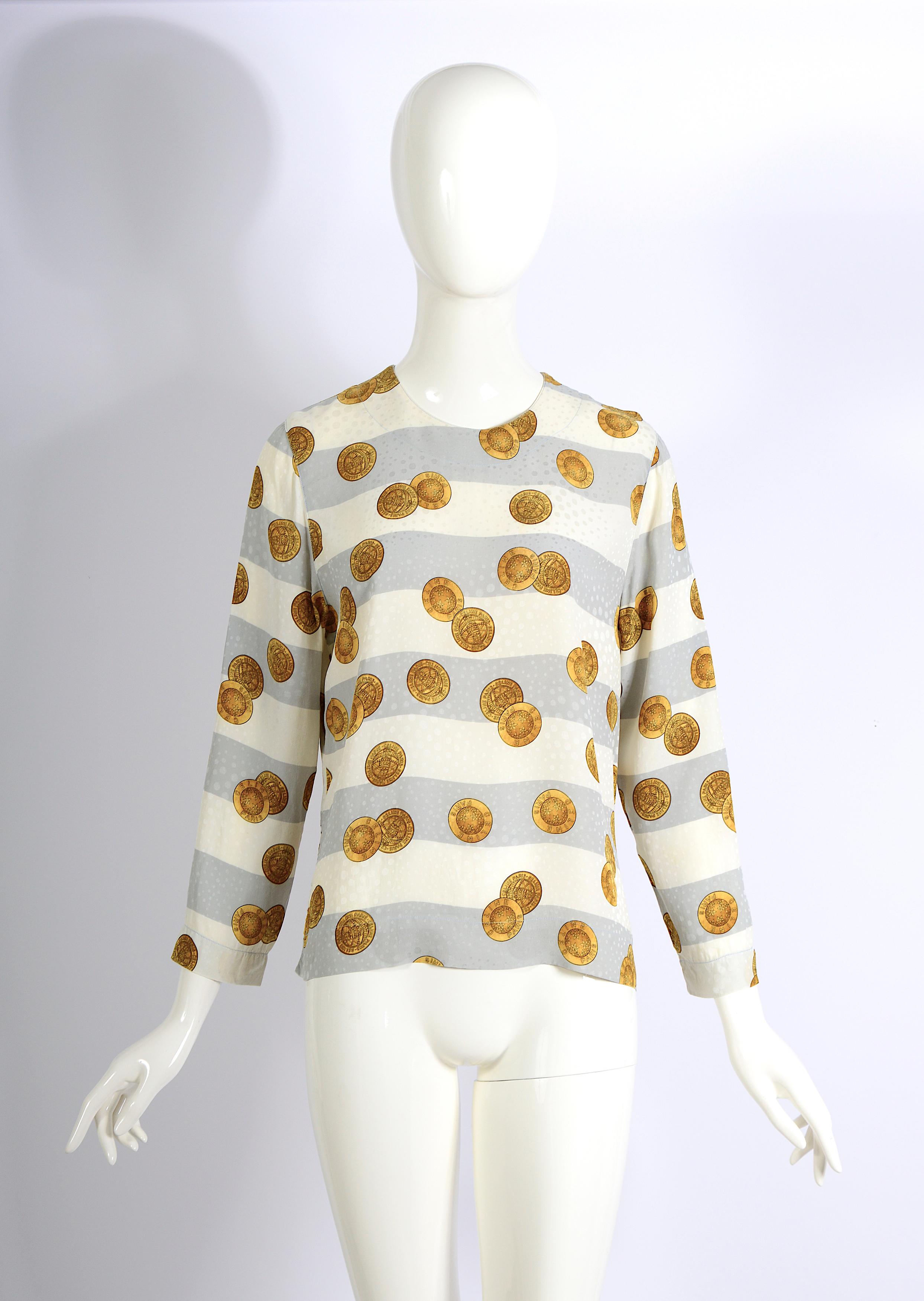 Céline Paris 80s timeless vintage striped silk printed signed gold coins blouse. For Sale 4