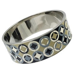 Celine Paris Art Deco Inspired Silvered Metal Bangle Bracelet with Enamel