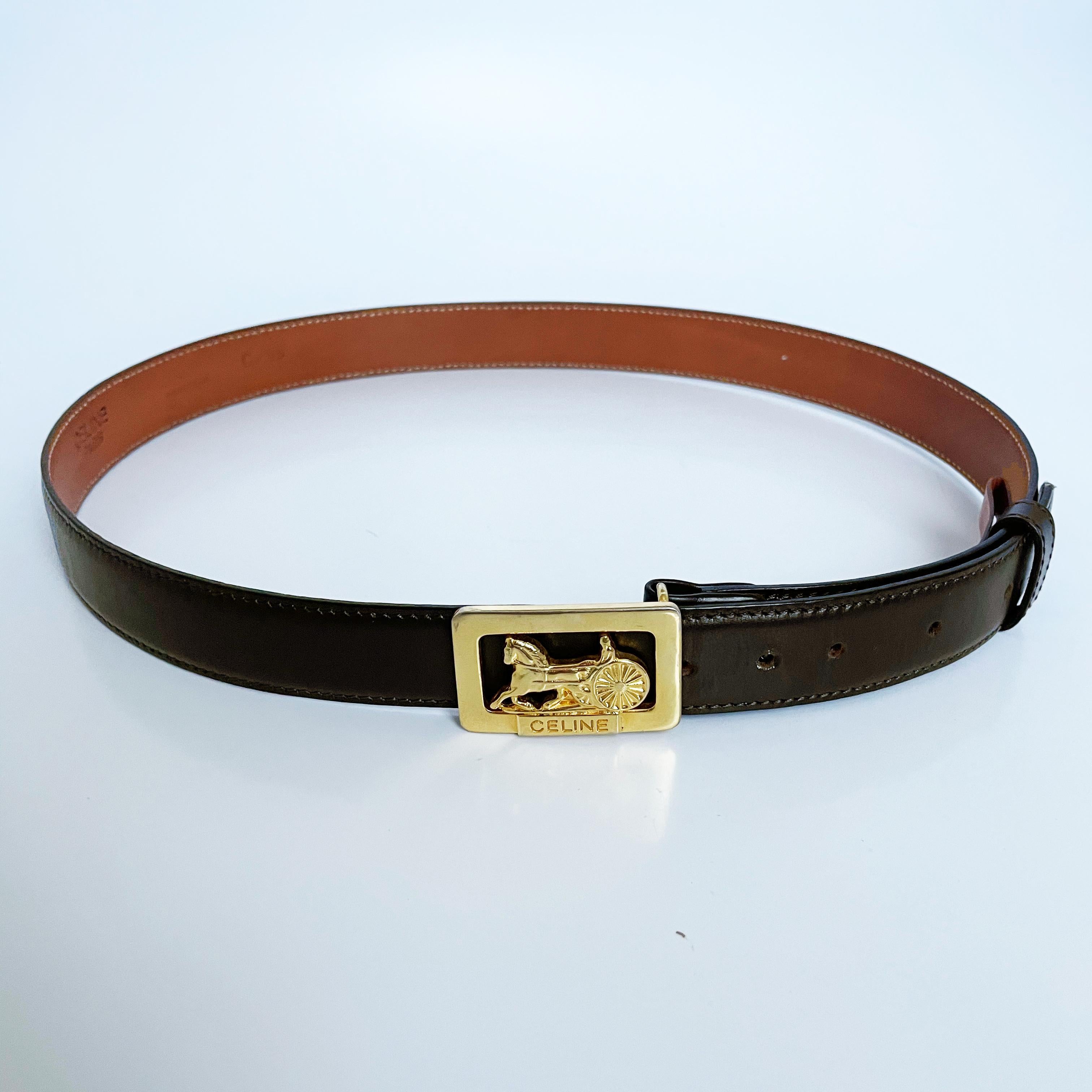 Brown CELINE Paris Belt with Gold Metal Horse Chariot Buckle Leather Size 85