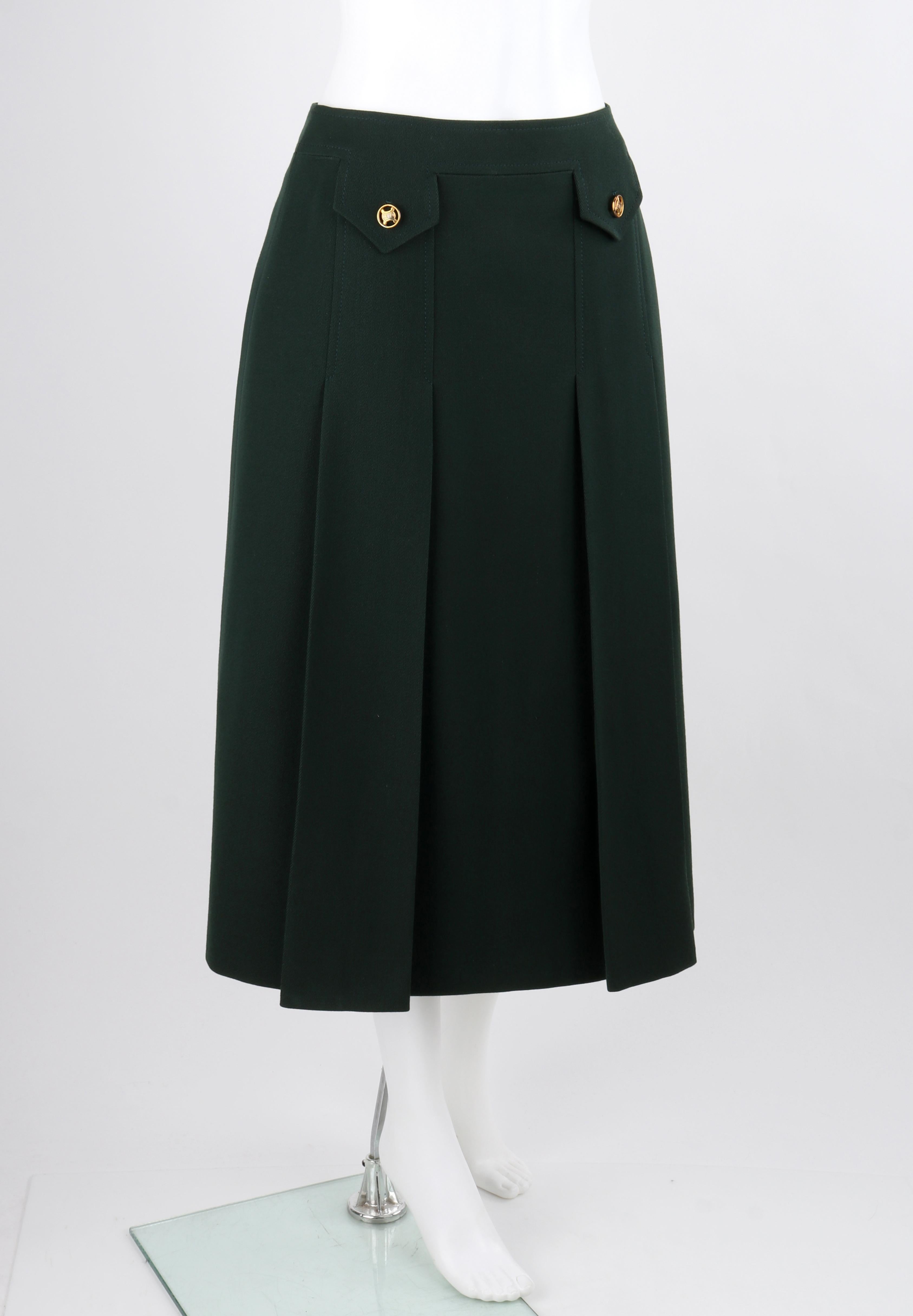 CELINE PARIS c.1970's Forest Green Wool Box Pleated A Line Midi Skirt

Brand / Manufacturer: Celine Paris
Circa: 1970's
Designer: Celine Vipiana
Style: A Line Skirt
Color(s): Forest green, Gold
Lined: Yes
Marked Fabric: 100% Laine Wool
Unmarked