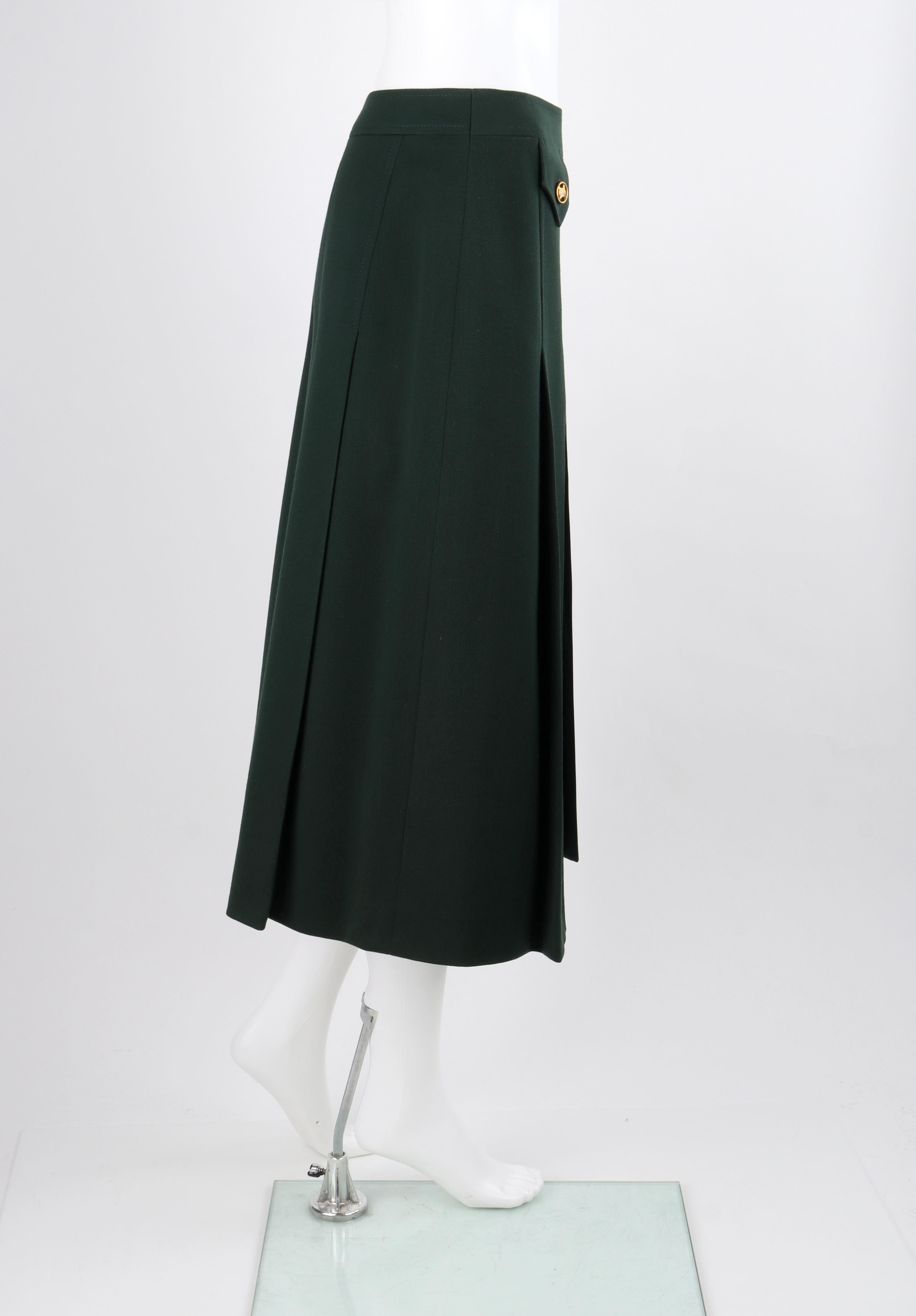 CELINE PARIS c.1970's Forest Green Wool Box Pleated A-Line Midi Skirt In Good Condition For Sale In Thiensville, WI