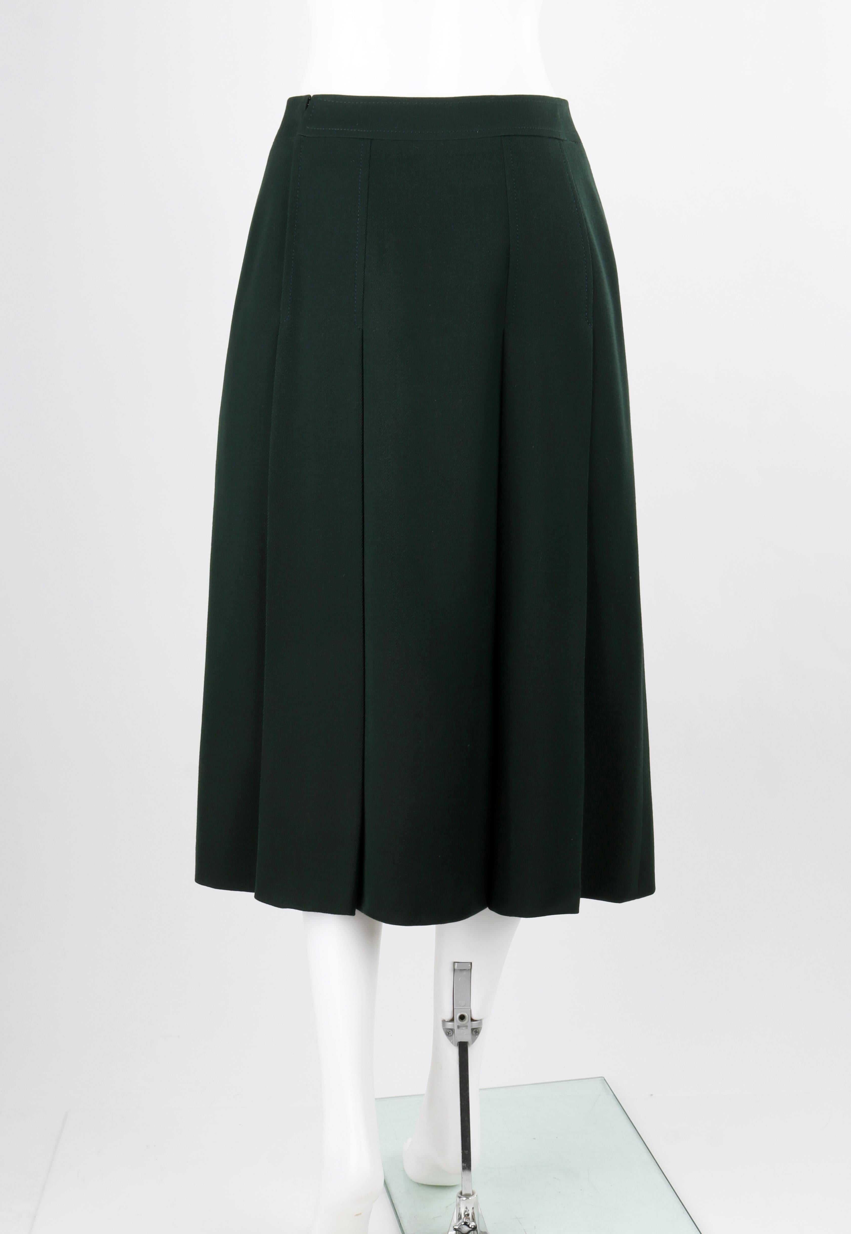 Women's CELINE PARIS c.1970's Forest Green Wool Box Pleated A-Line Midi Skirt For Sale