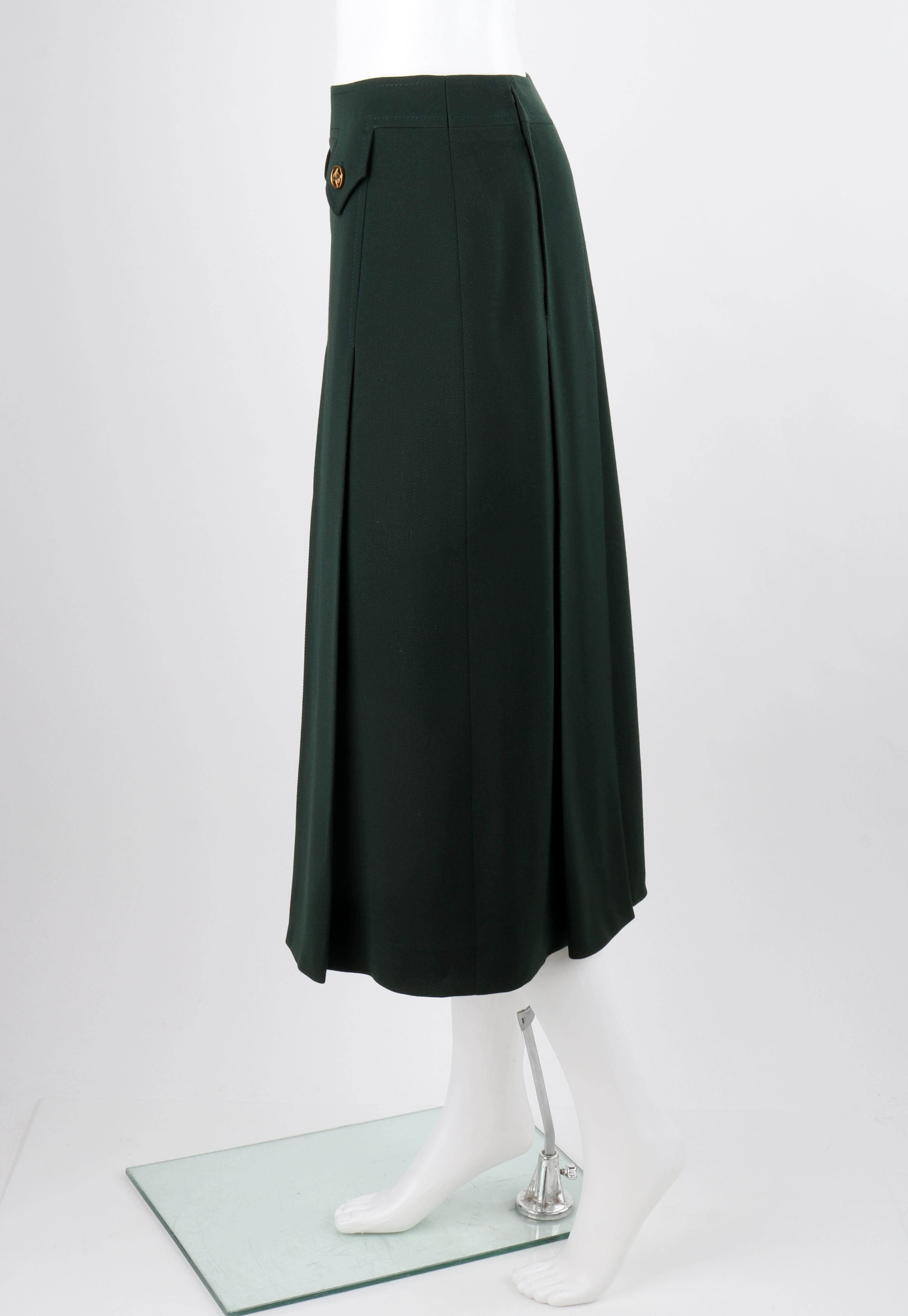 CELINE PARIS c.1970's Forest Green Wool Box Pleated A-Line Midi Skirt For Sale 1