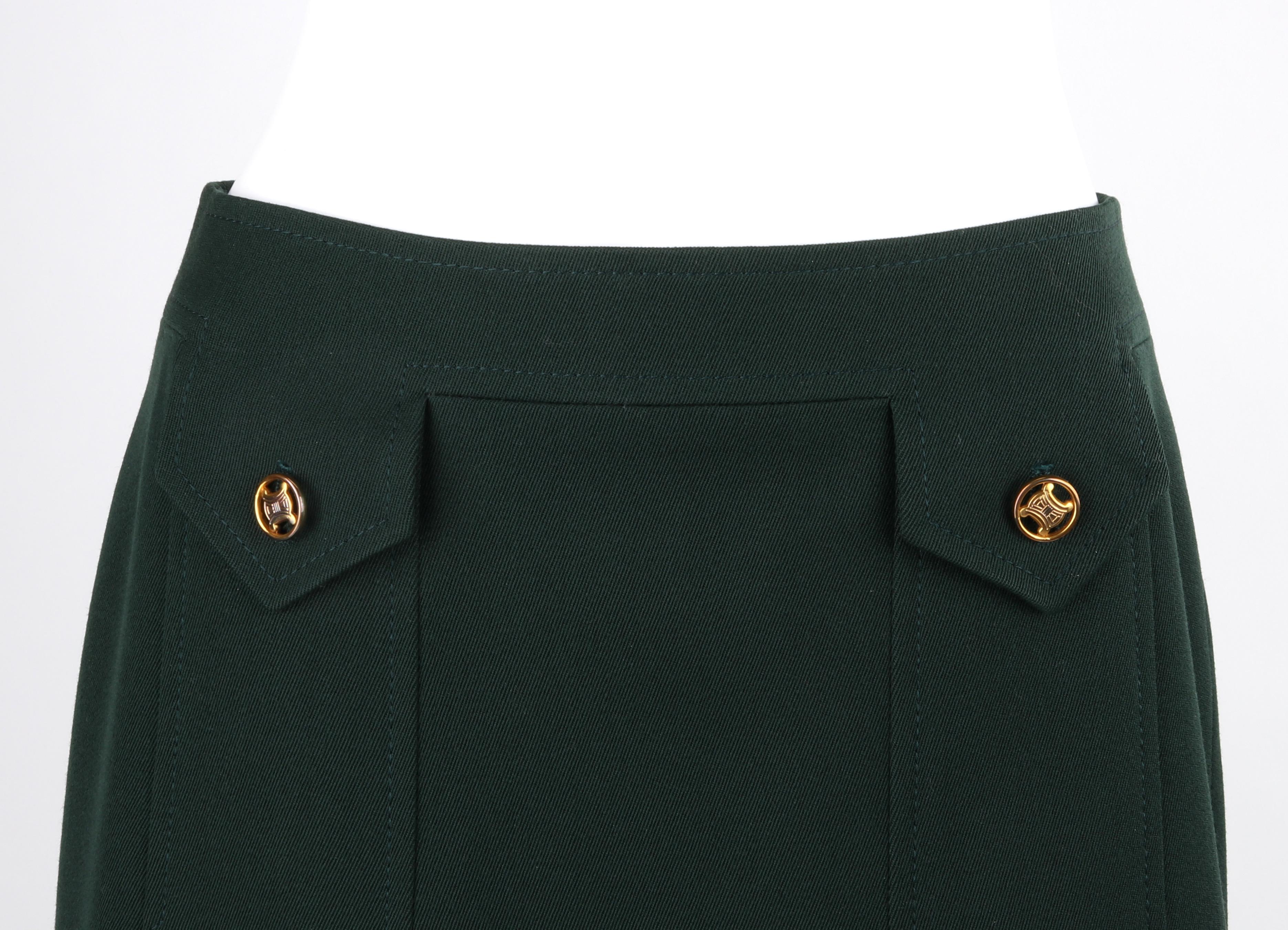 CELINE PARIS c.1970's Forest Green Wool Box Pleated A-Line Midi Skirt For Sale 2