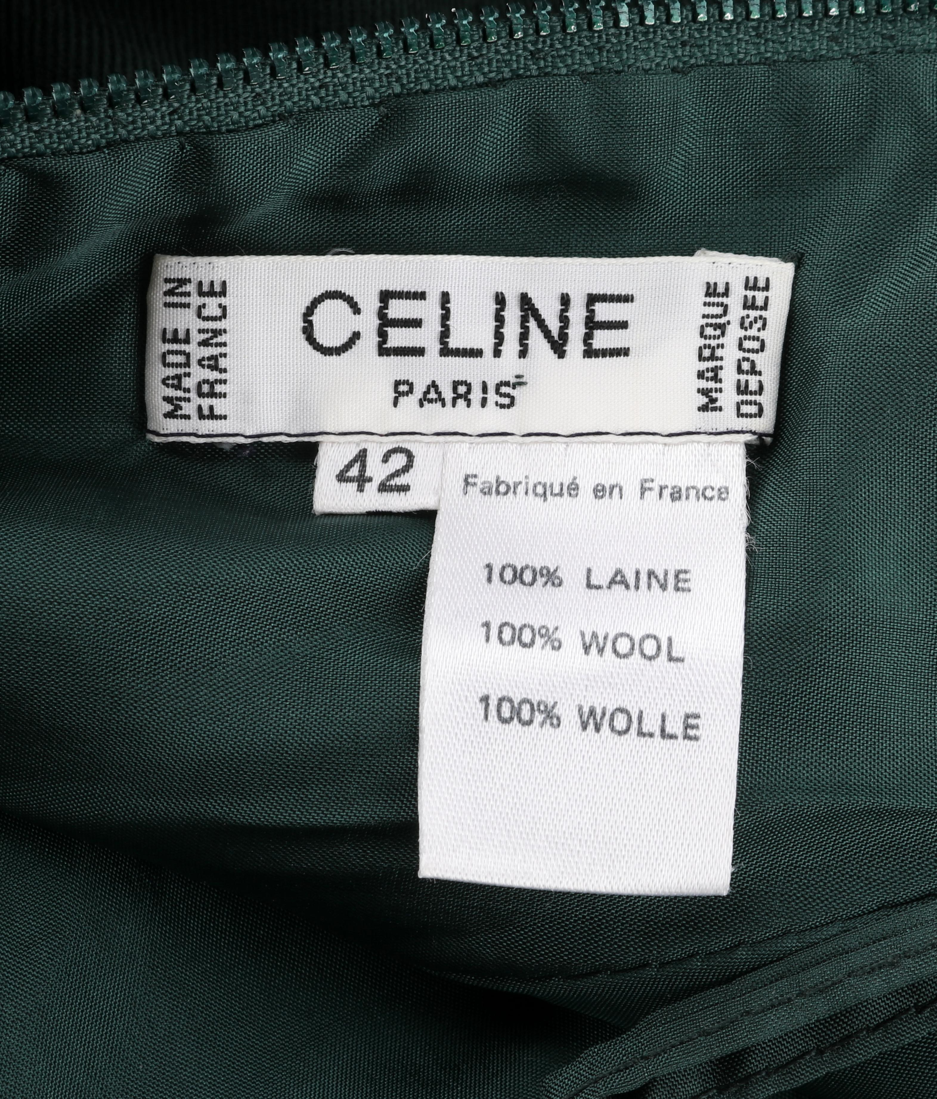 CELINE PARIS c.1970's Forest Green Wool Box Pleated A-Line Midi Skirt For Sale 4