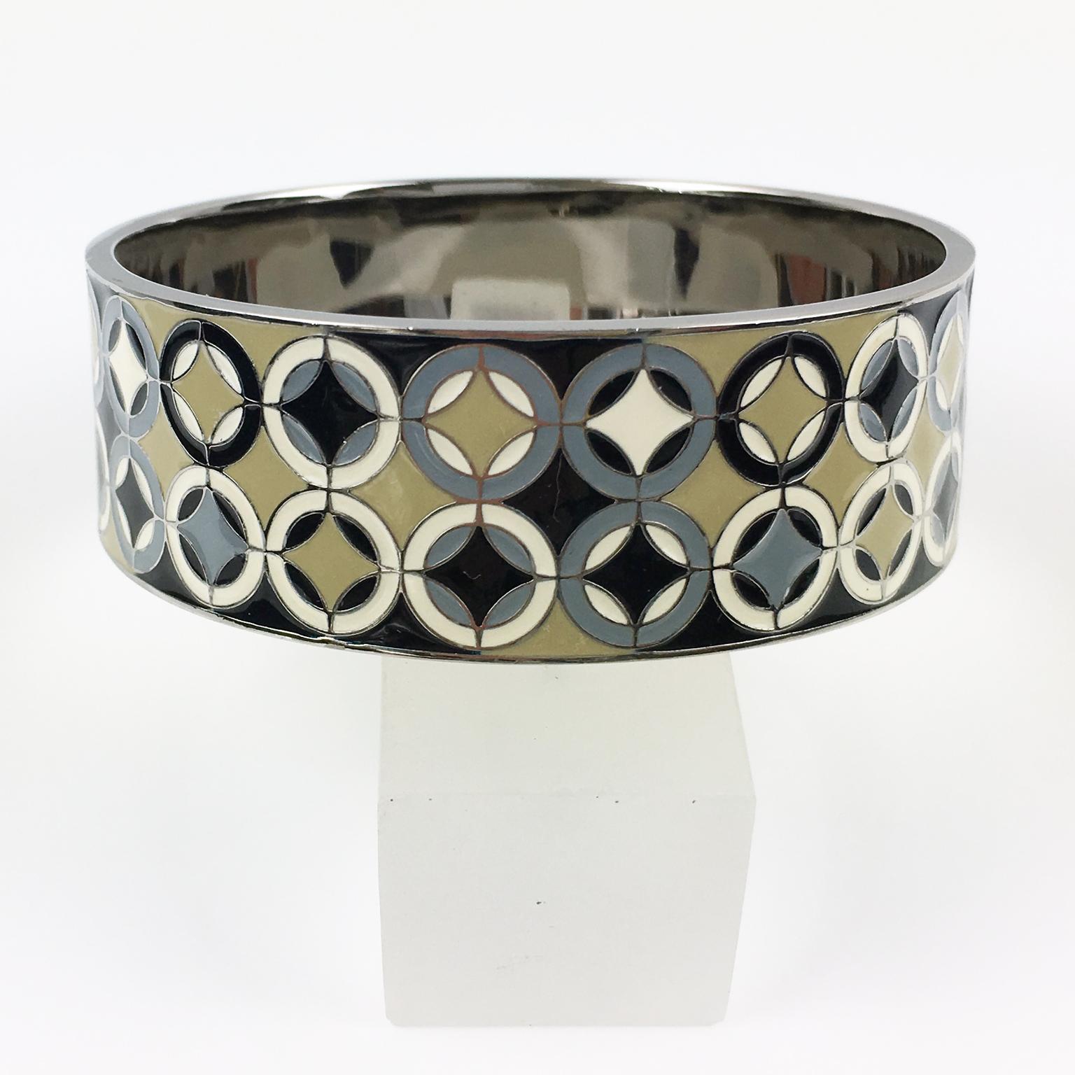 Celine Paris Enamel and Silvered Metal Bangle Bracelet In Excellent Condition For Sale In Atlanta, GA