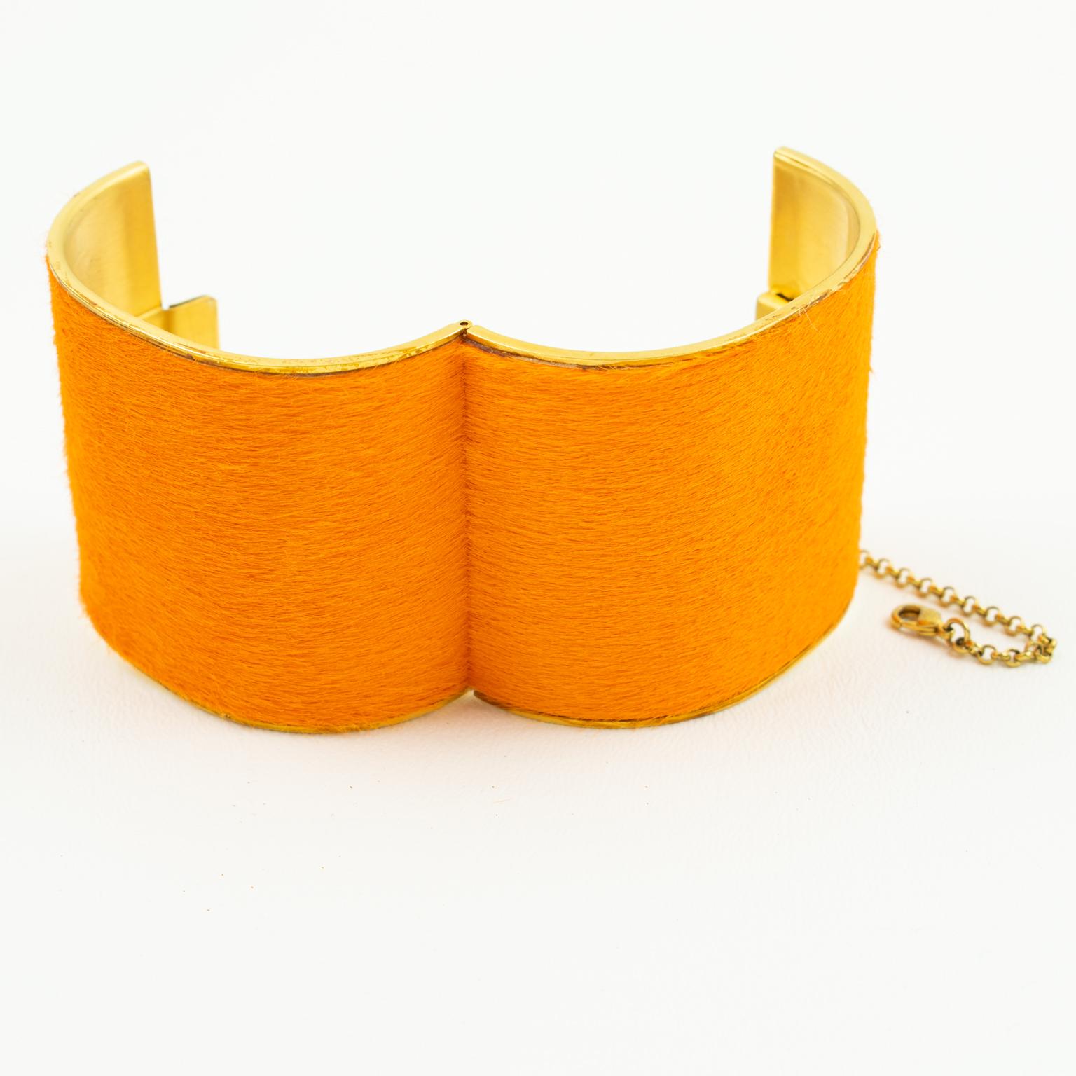 Celine Paris Gilt Metal and Orange Fur Clamper Bracelet Bangle 2