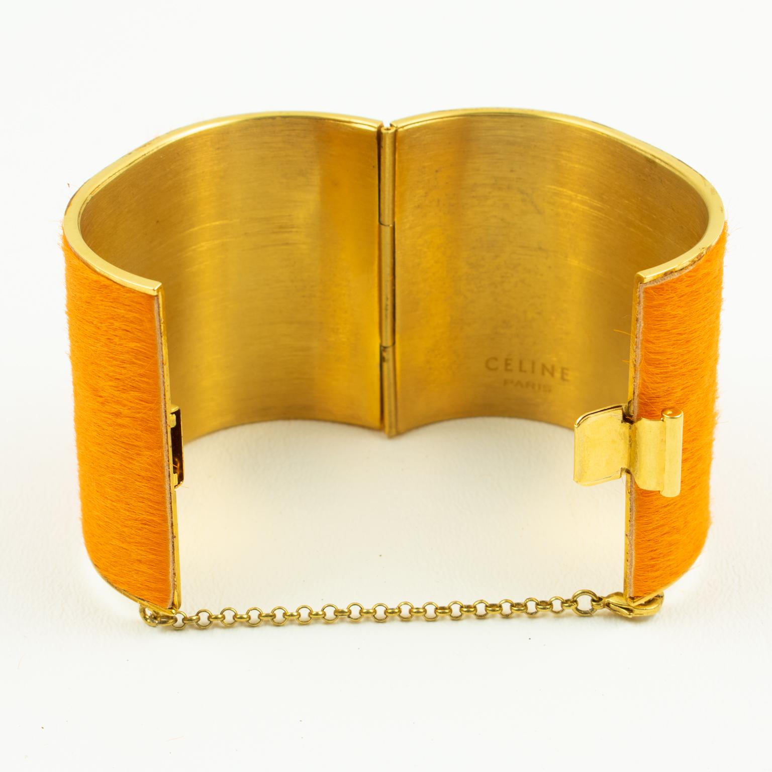 Celine Paris Gilt Metal and Orange Fur Clamper Bracelet Bangle In Excellent Condition In Atlanta, GA