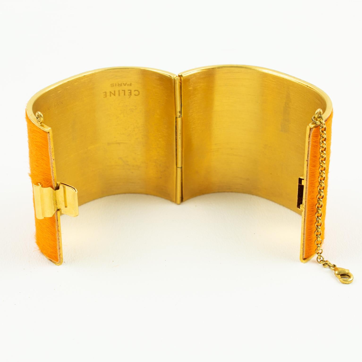 Celine Paris Gilt Metal and Orange Fur Clamper Bracelet Bangle 1