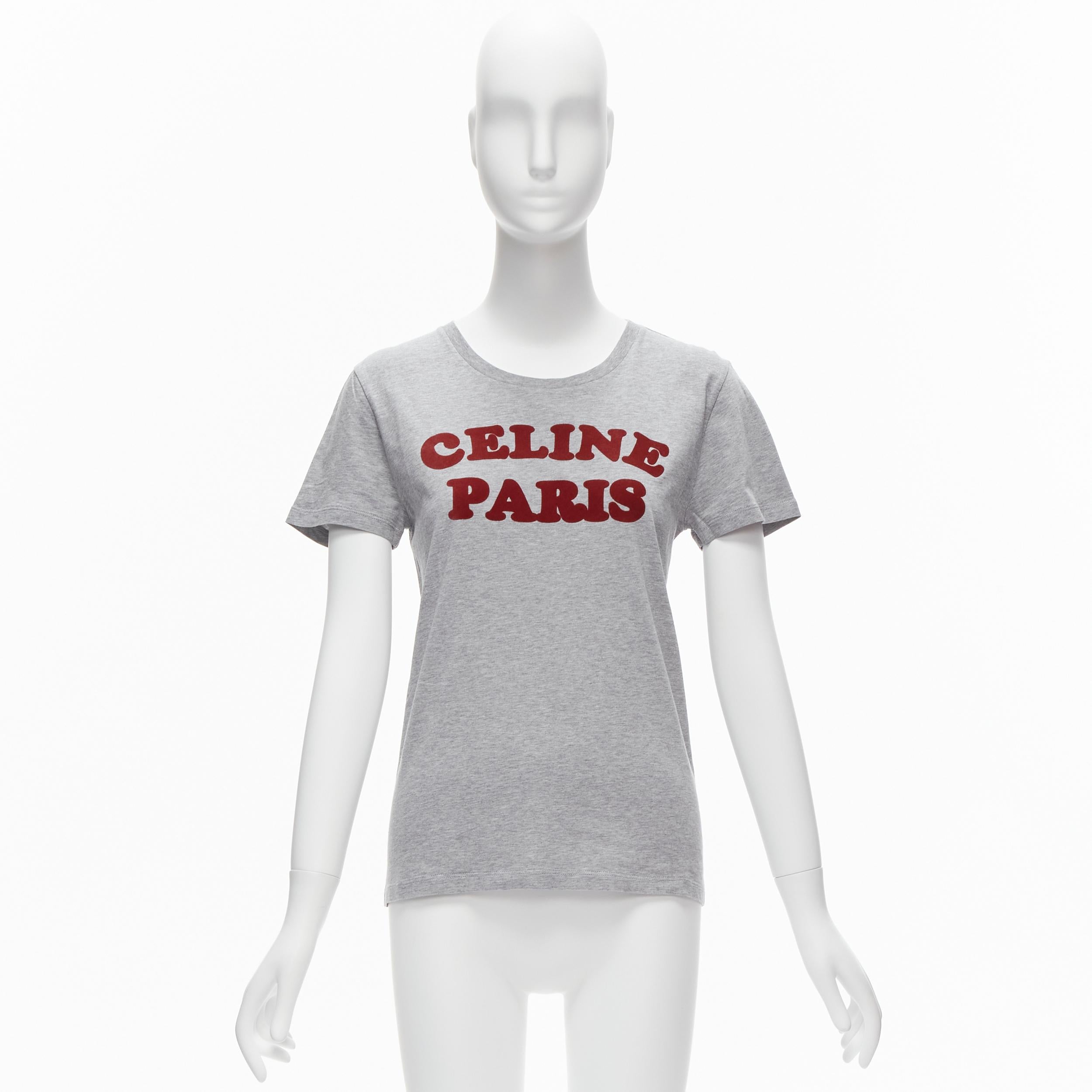 CELINE PARIS red felt logo grey cotton crew neck tshirt XS For Sale 2