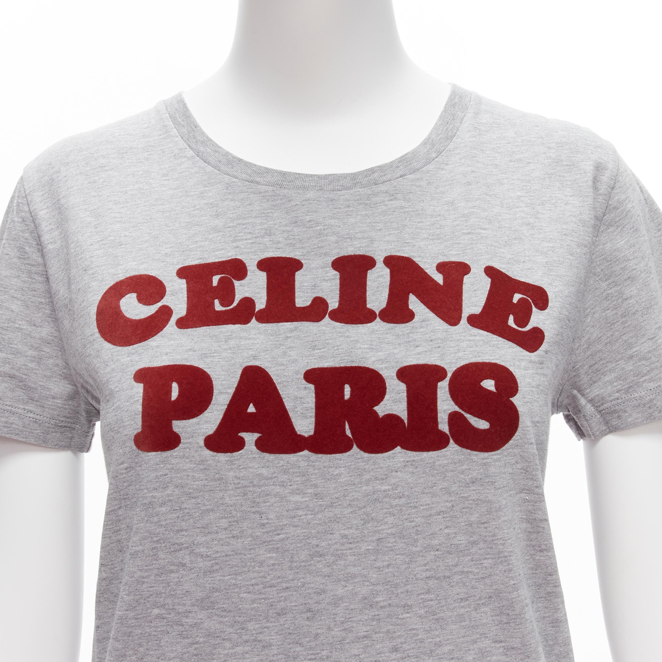 CELINE PARIS red felt logo grey cotton crew neck tshirt XS In Excellent Condition For Sale In Hong Kong, NT