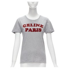 Celine PARIS - Tshirt girocollo in cotone grigio con logo in feltro rosso XS