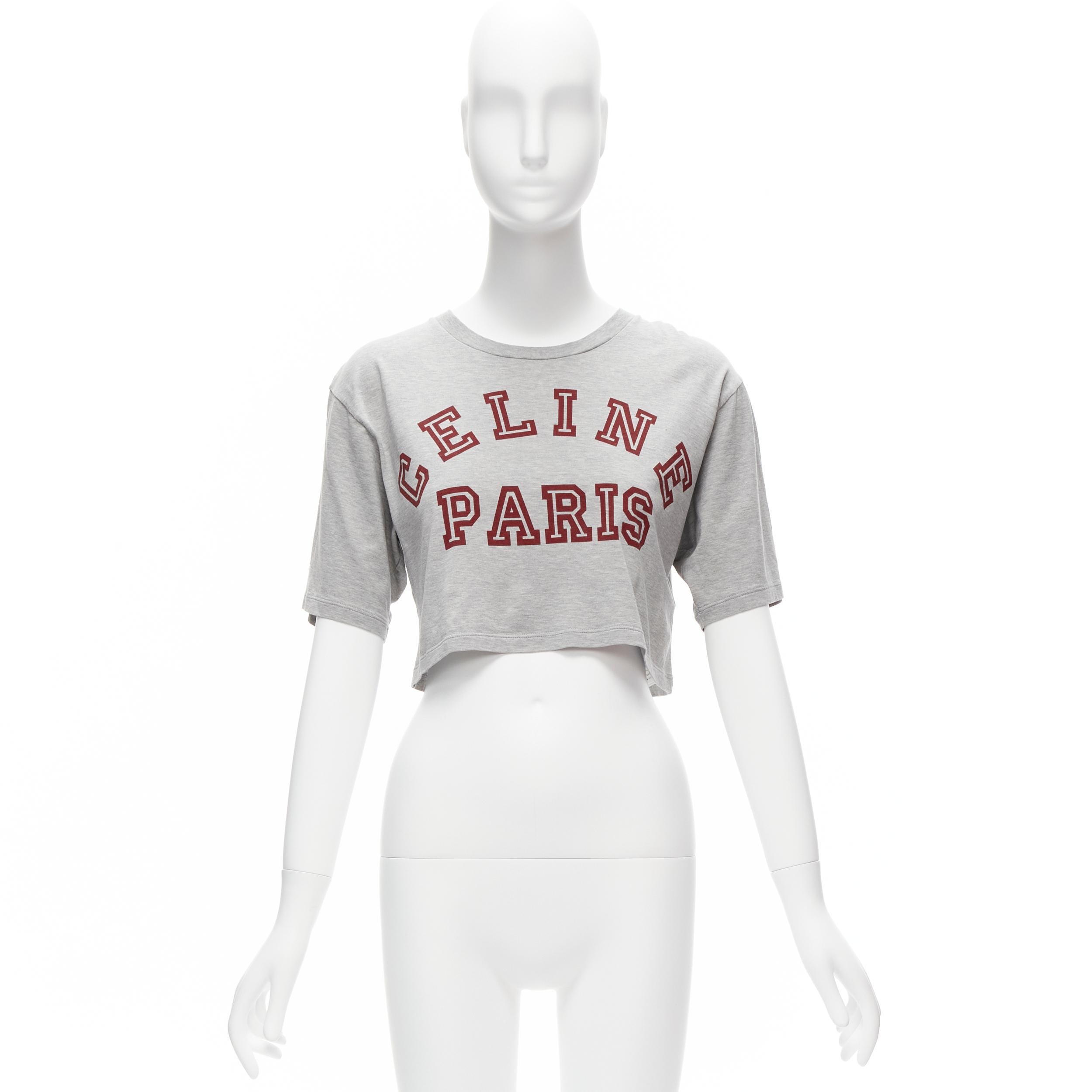 CELINE PARIS red logo grey cotton crew neck cropped tshirt XS 5