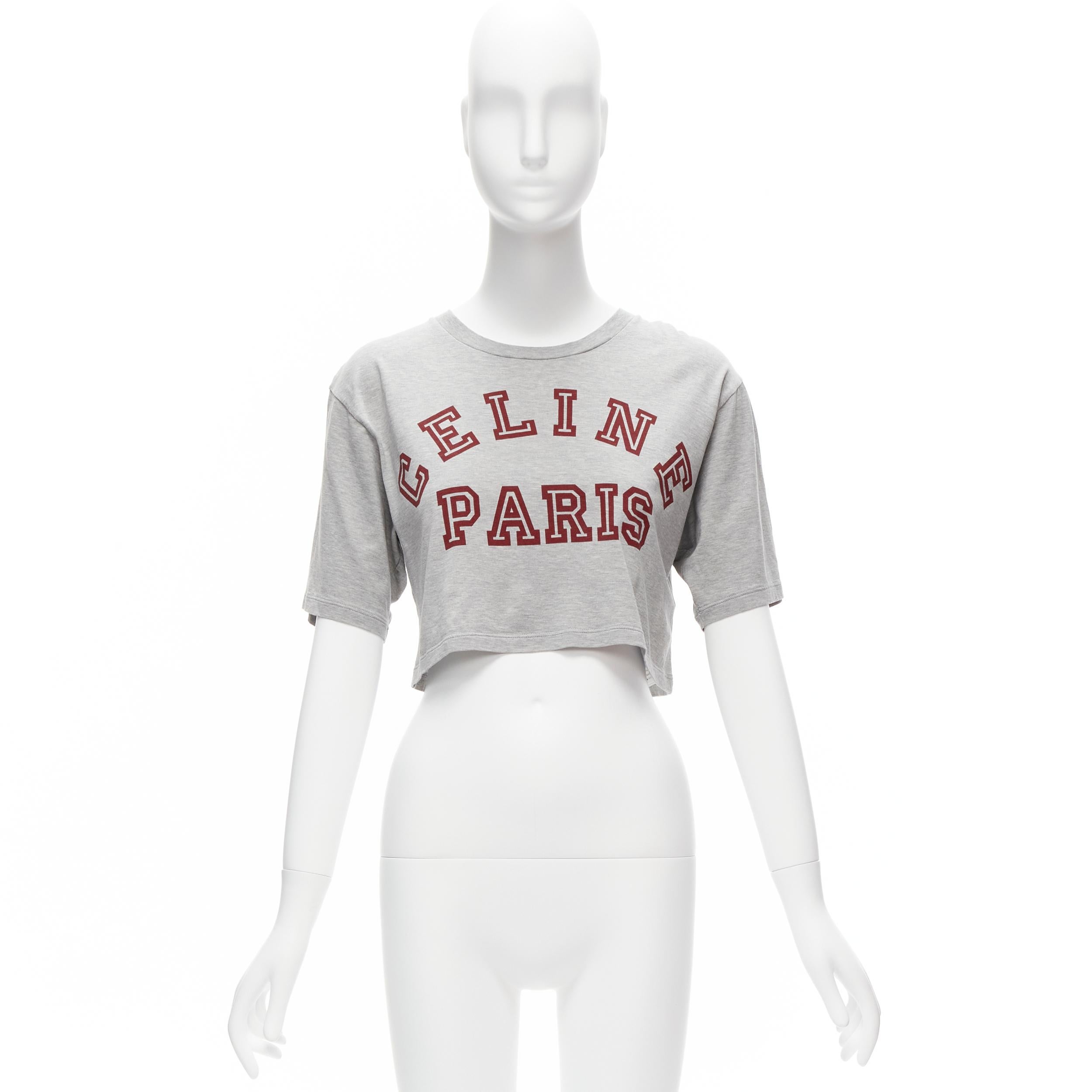 CELINE PARIS red logo grey cotton crew neck cropped tshirt XS For Sale 5