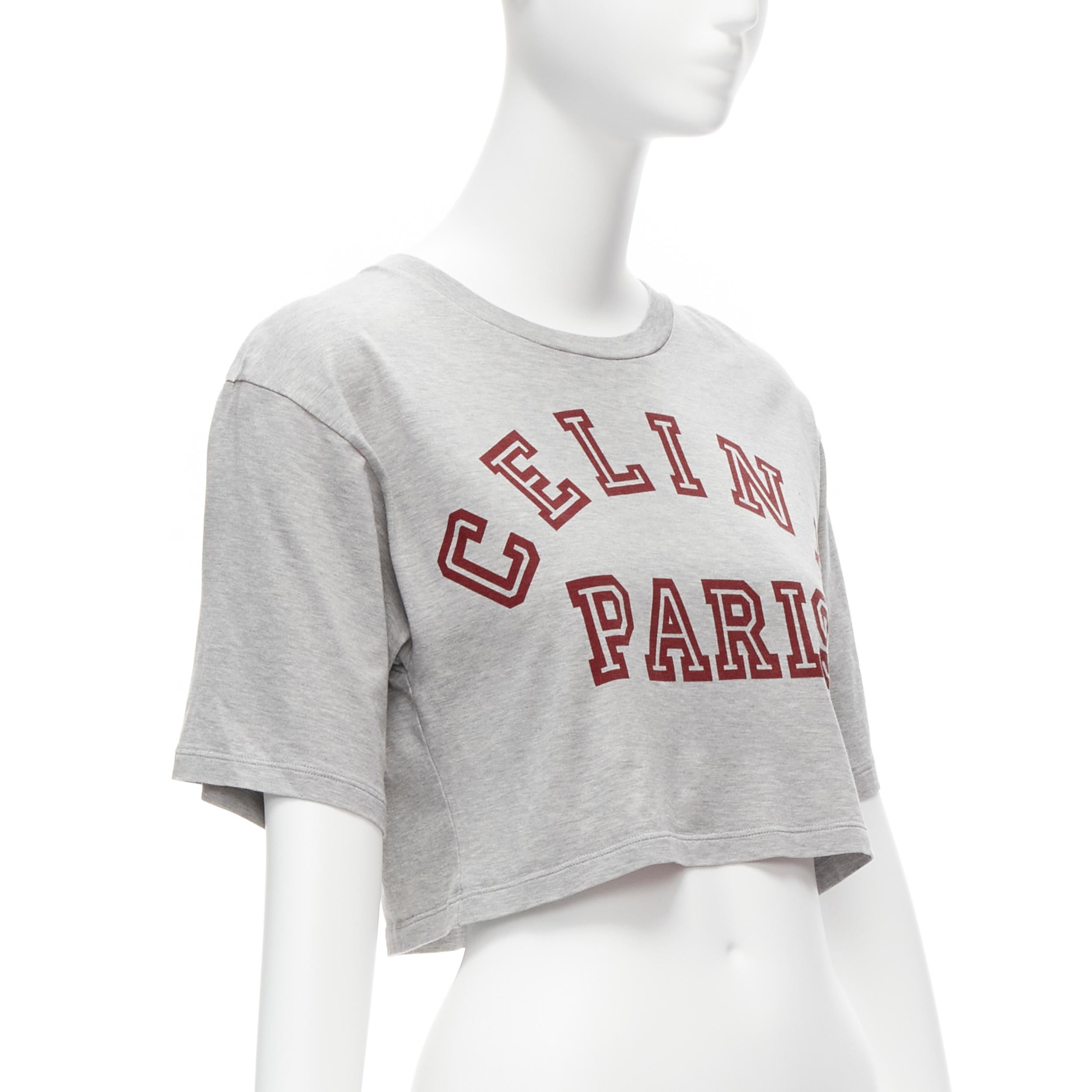 Gray CELINE PARIS red logo grey cotton crew neck cropped tshirt XS For Sale