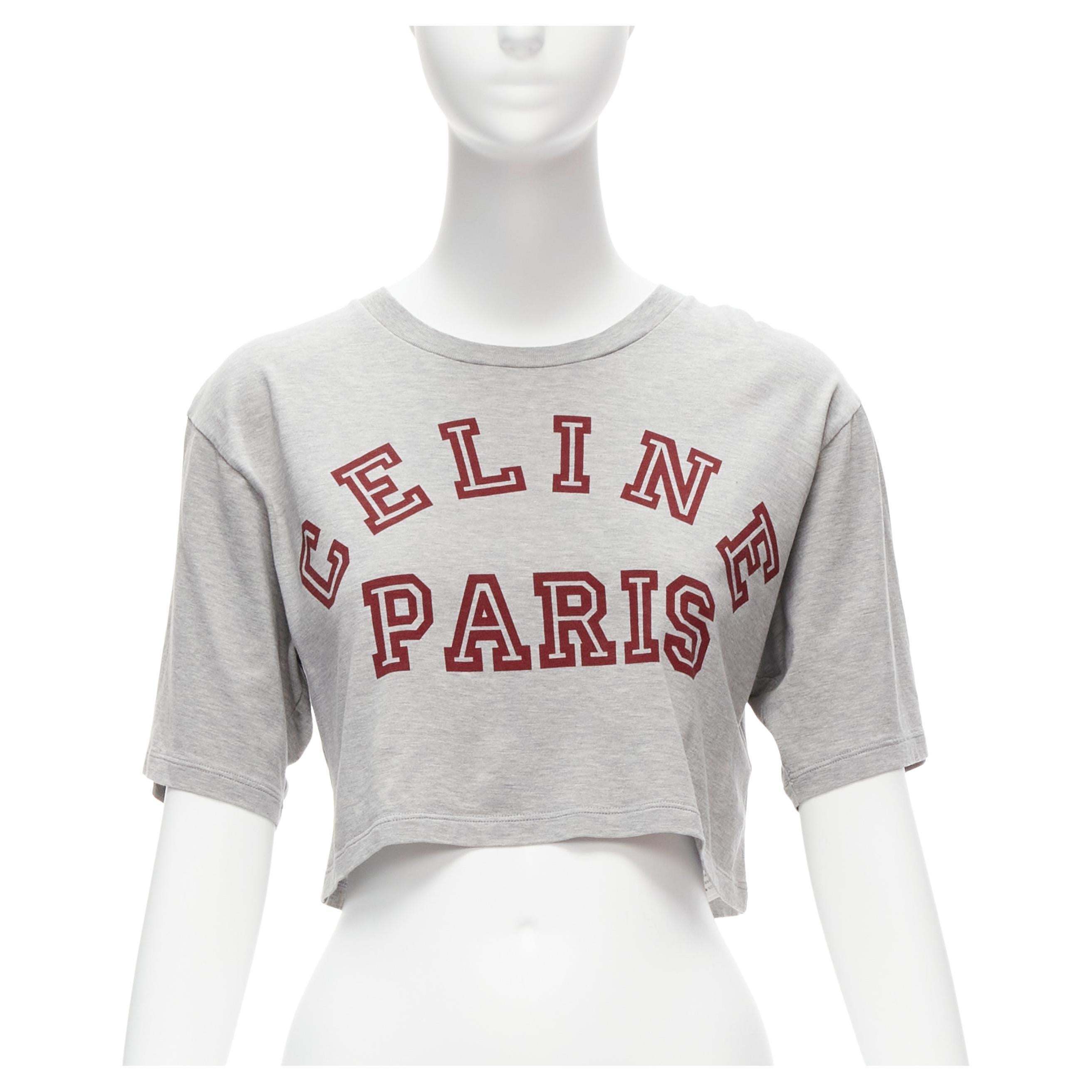 CELINE PARIS red logo grey cotton crew neck cropped tshirt XS For Sale
