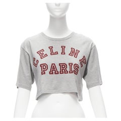 CELINE PARIS red logo grey cotton crew neck cropped tshirt XS