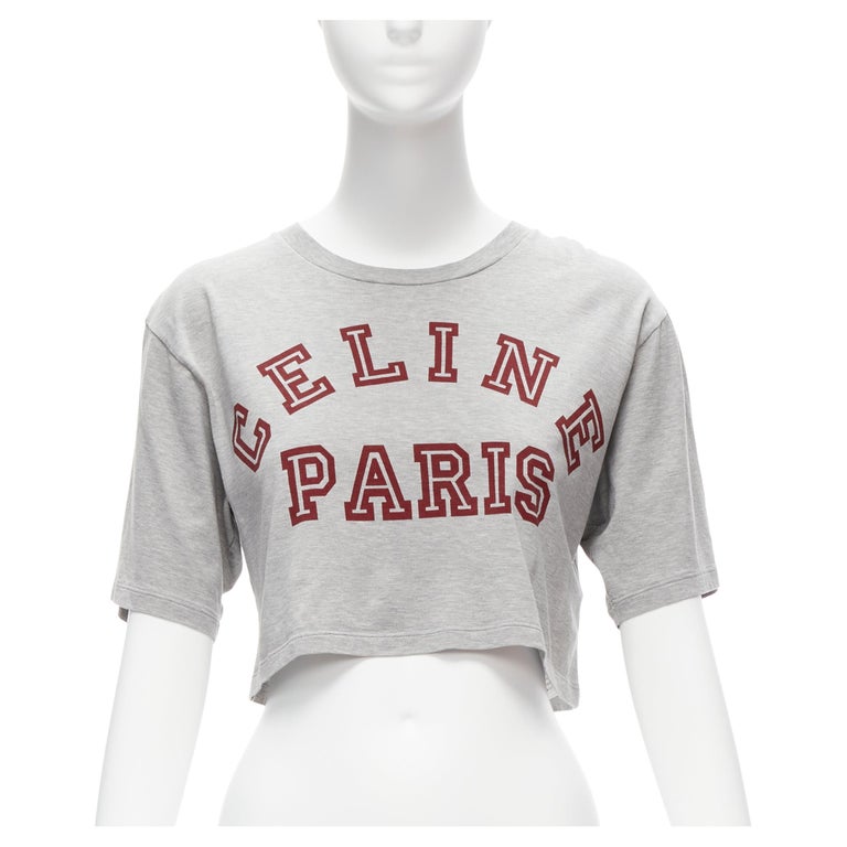 CELINE PARIS red logo grey cotton crew neck cropped tshirt XS For