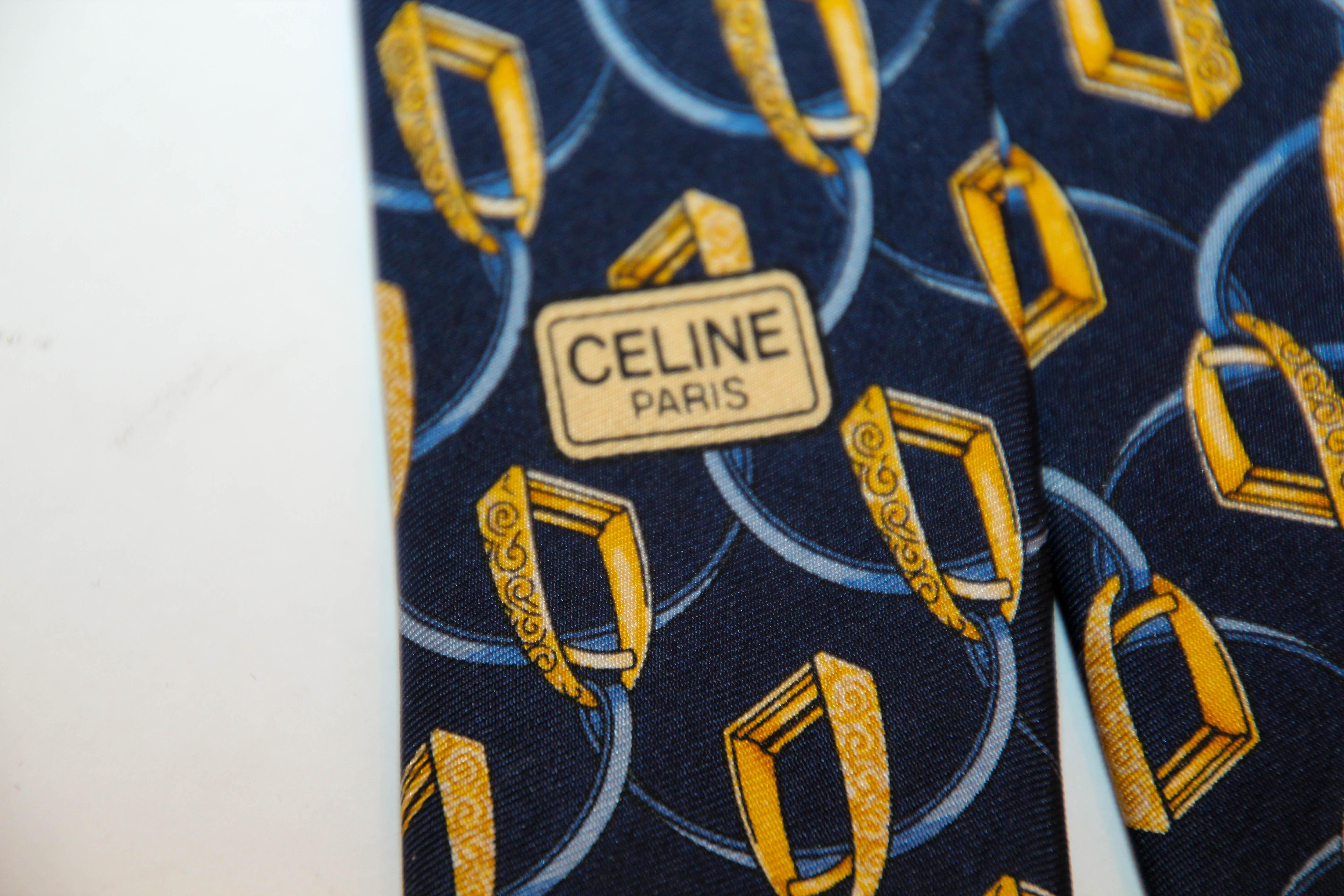 Celine Paris Silk Neck Tie Navy Blue and Gold Equestrian Print For Sale 5