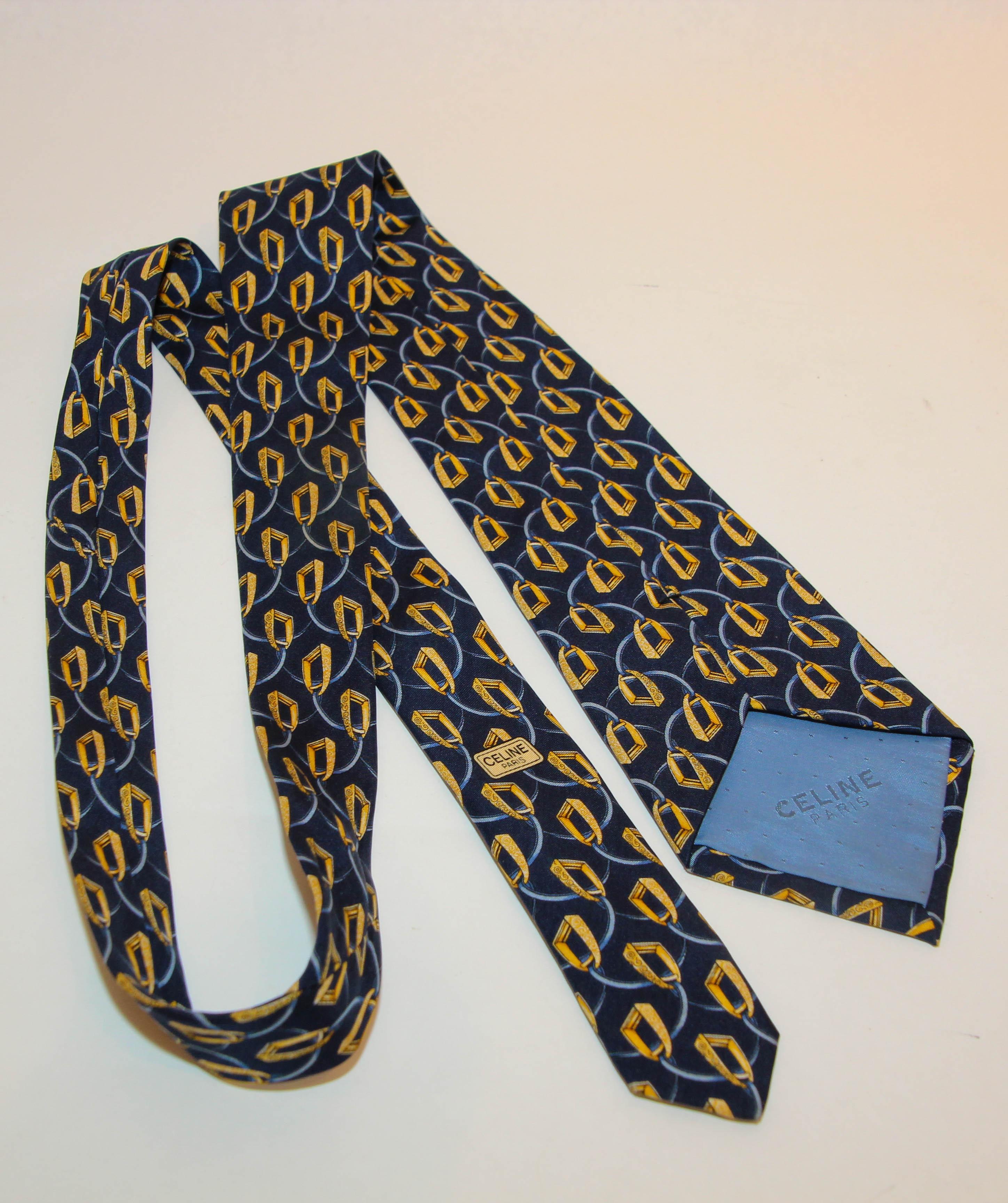 Celine Paris Silk Neck Tie Navy Blue and Gold Equestrian Print For Sale 7