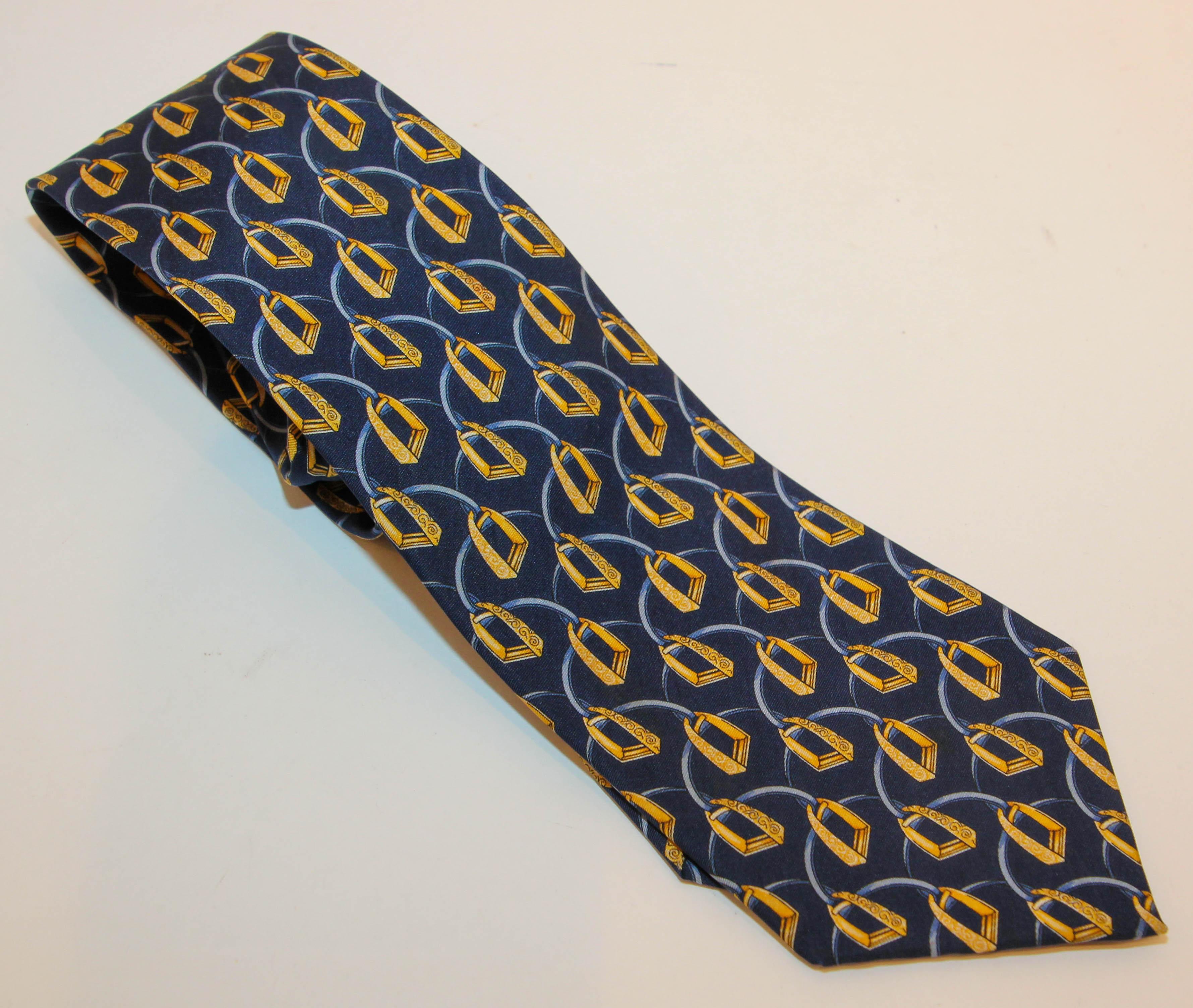 Celine Paris Silk Neck Tie Navy Blue and Gold Equestrian design.
Celine neck tie comes in a navy and gold equestrian silk. 
Men's silk neck tie.
100% silk fabric. 
Made in France.
Condition: Excellent
There are no visible signs of wear, and it is
