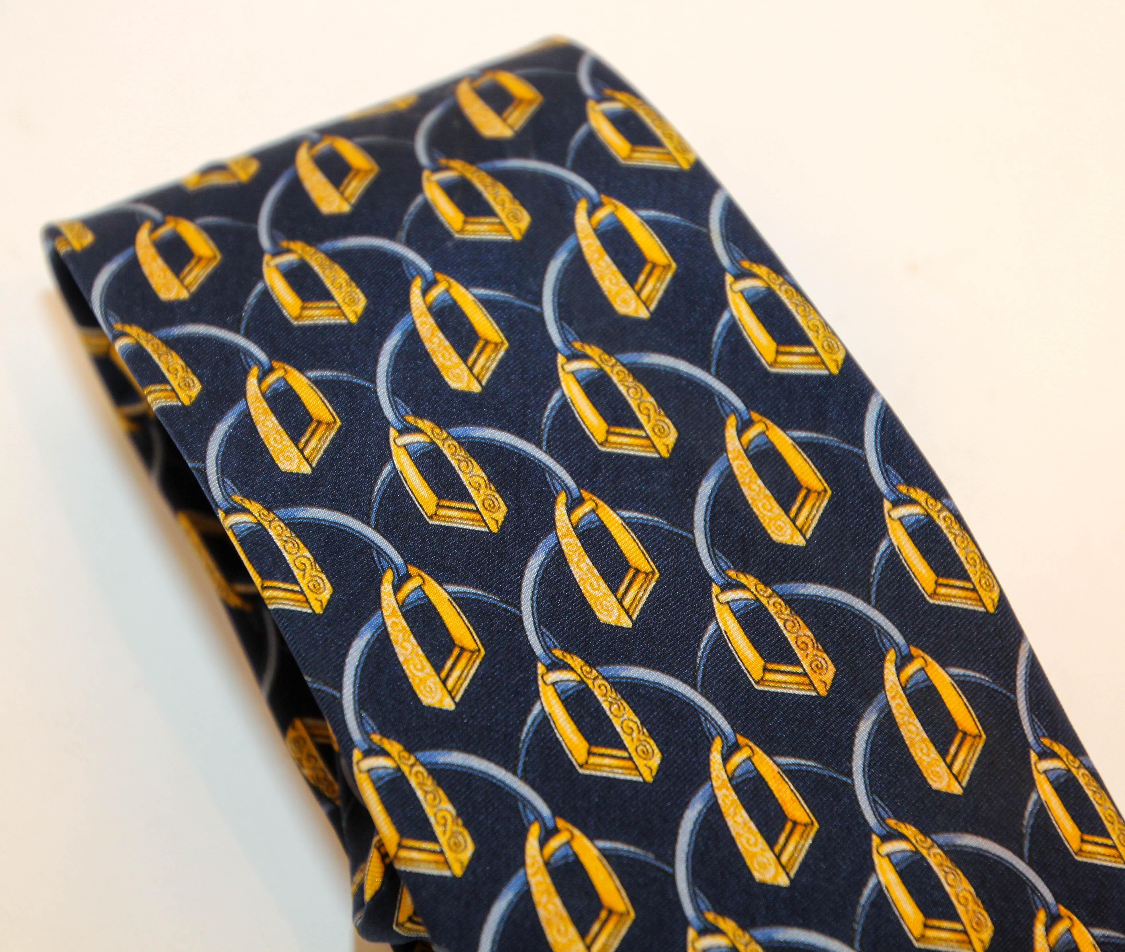 Celine Paris Silk Neck Tie Navy Blue and Gold Equestrian Print In Good Condition For Sale In North Hollywood, CA