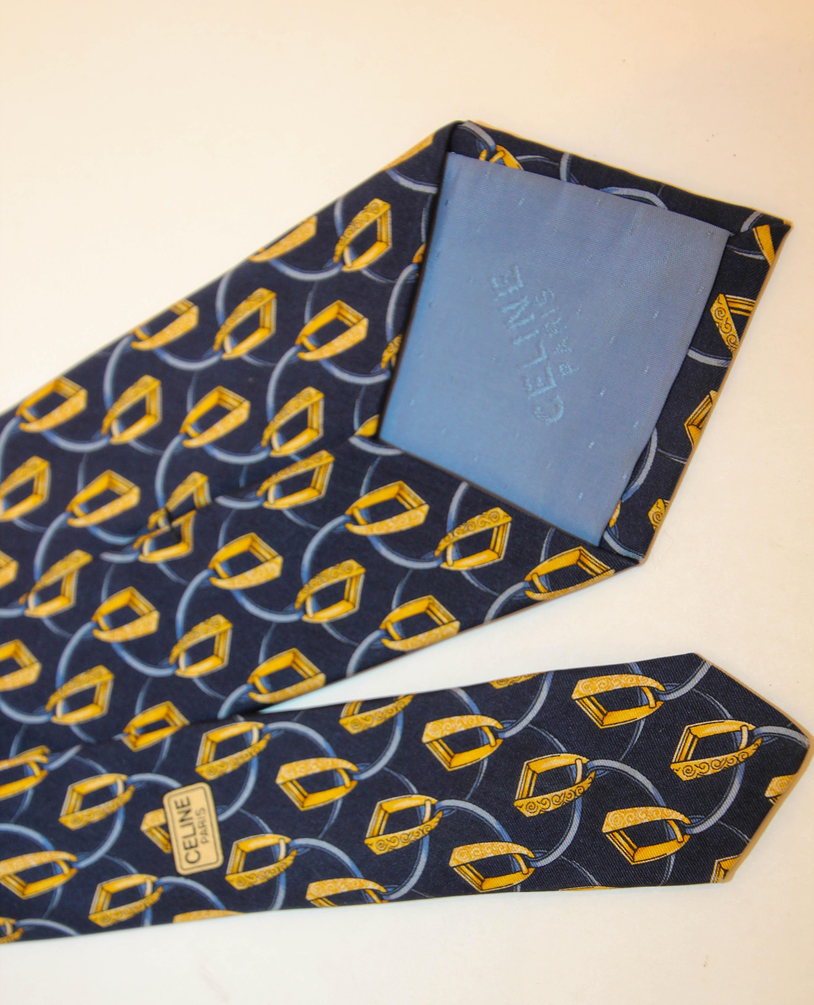 Celine Paris Silk Neck Tie Navy Blue and Gold Equestrian Print For Sale 4