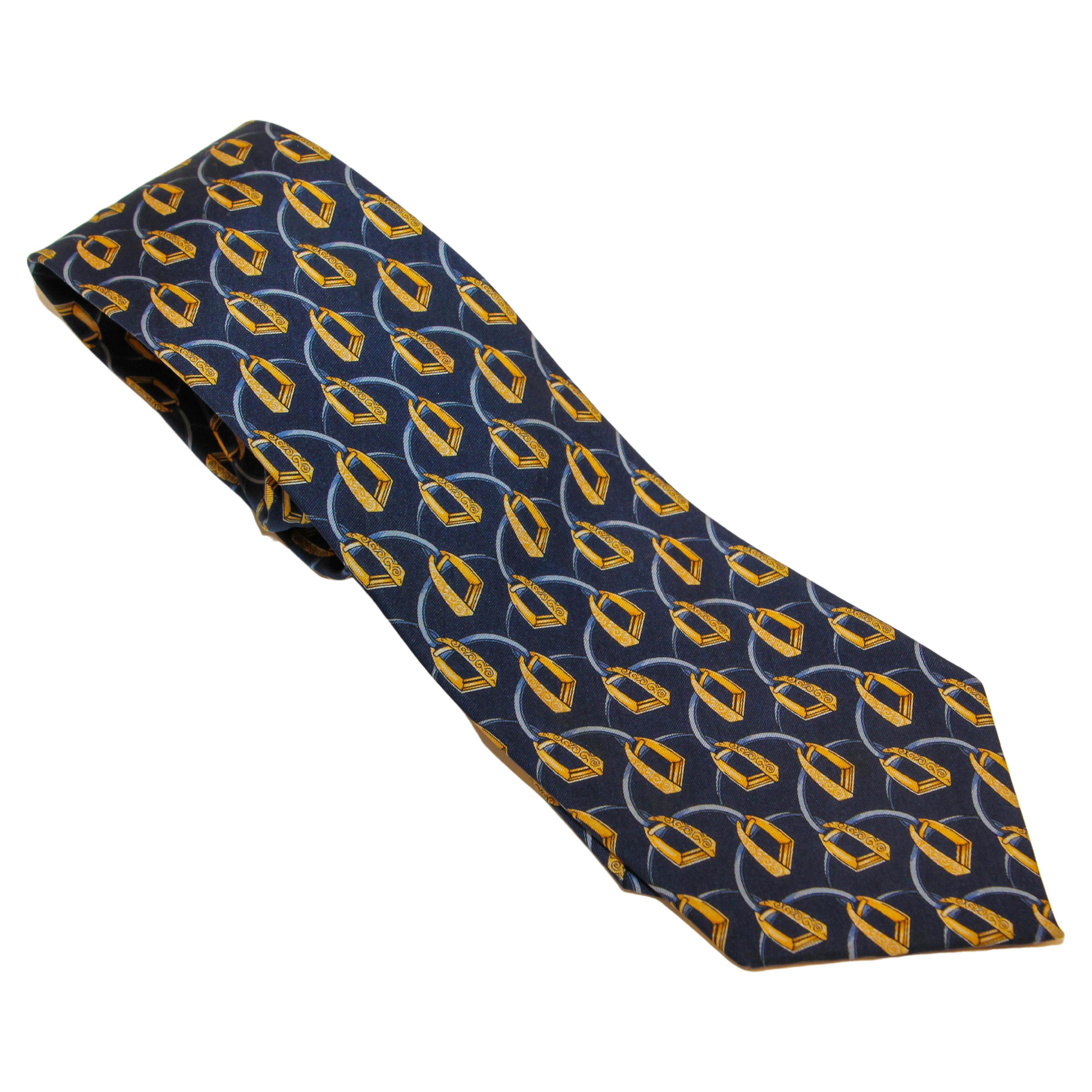 Celine Paris Silk Neck Tie Navy Blue and Gold Equestrian Print For Sale