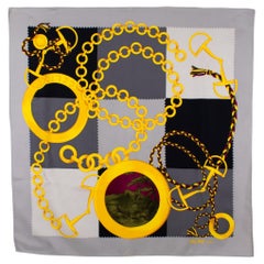 Celine Paris Silk Scarf Gray and Gold Equestrian Horsebit and Chains Print