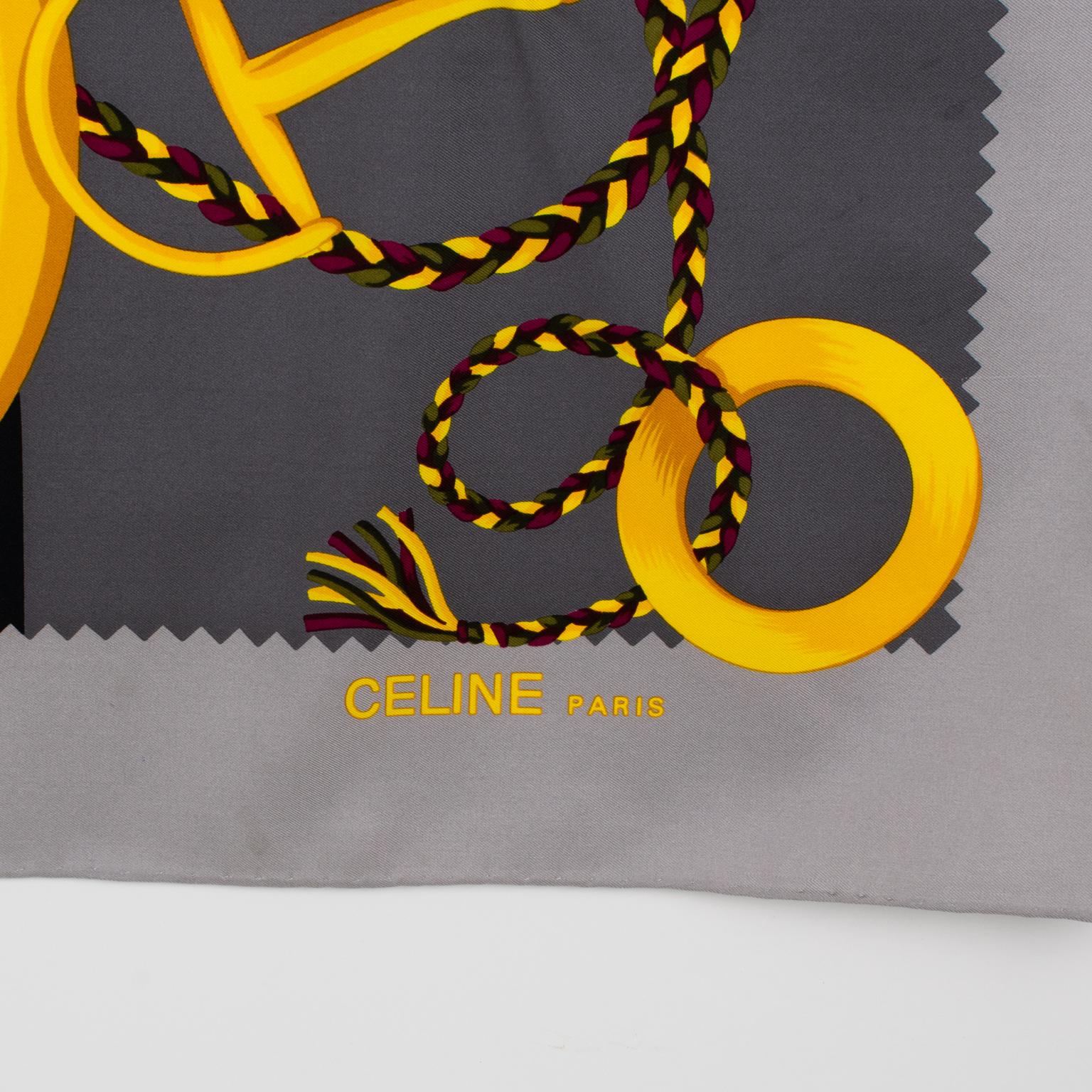 Celine Paris Silk Scarf Gray and Gold Horsebit and Chains Print, c1990s In Good Condition For Sale In Atlanta, GA