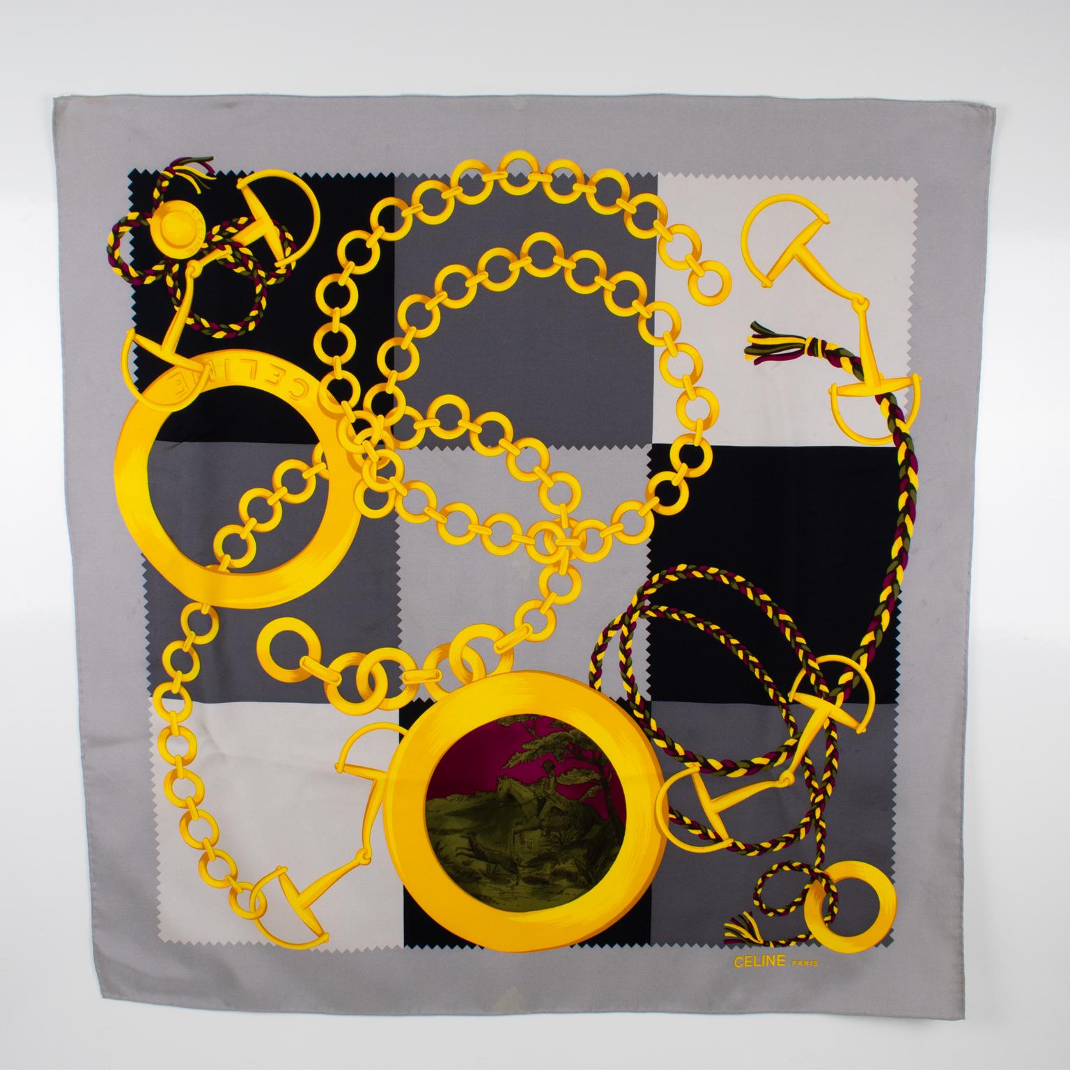 Women's Celine Paris Silk Scarf Gray and Gold Horsebit and Chains Print, c1990s For Sale