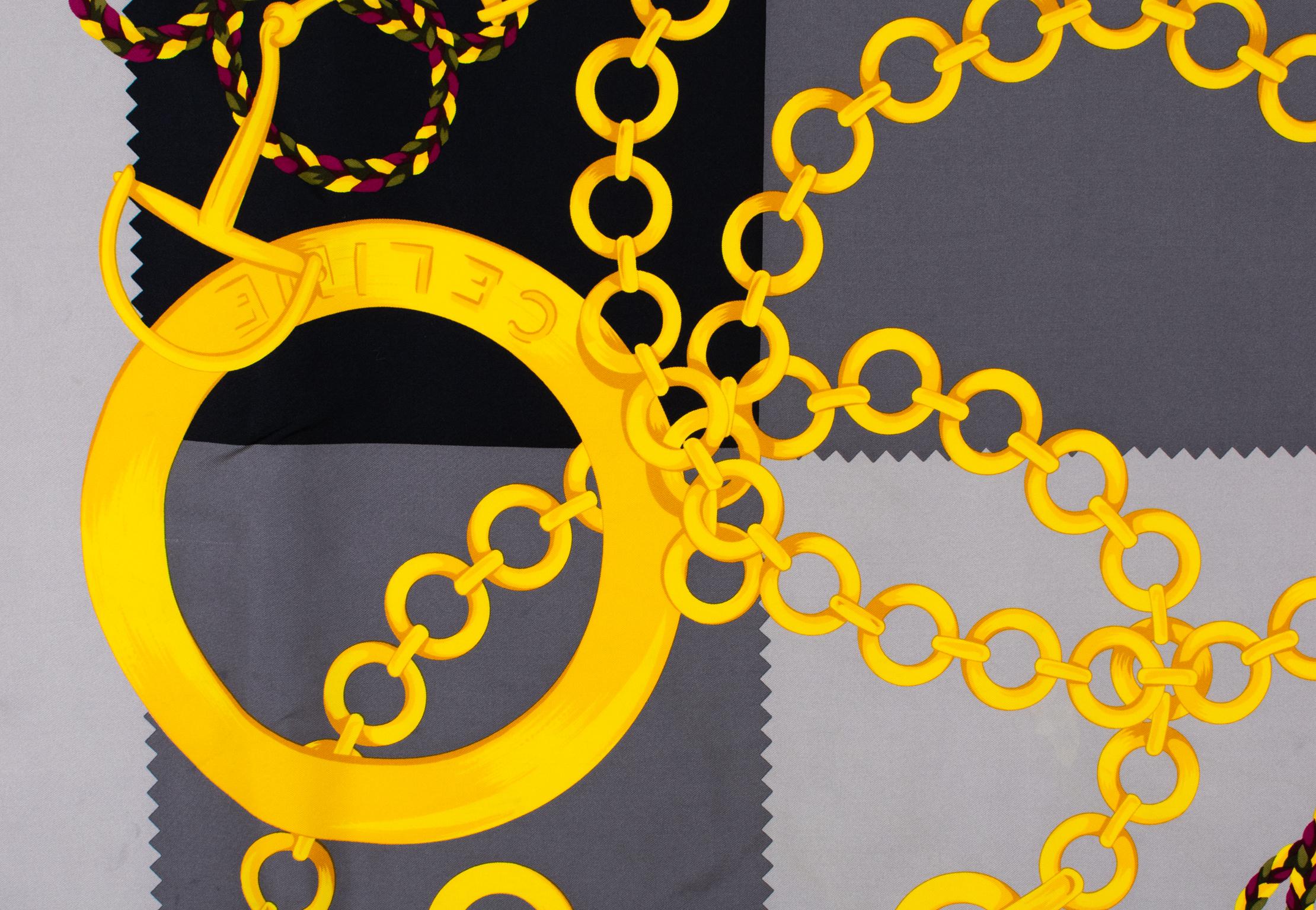 Celine Paris Silk Scarf Gray and Gold Horsebit and Chains Print, c1990s For Sale 2