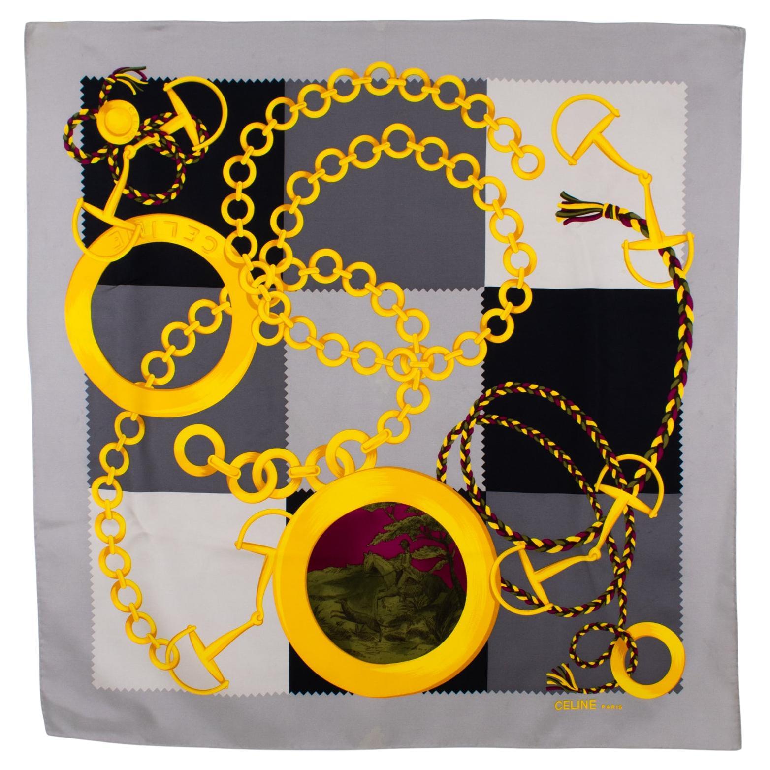 Celine Paris Silk Scarf Gray and Gold Horsebit and Chains Print, c1990s