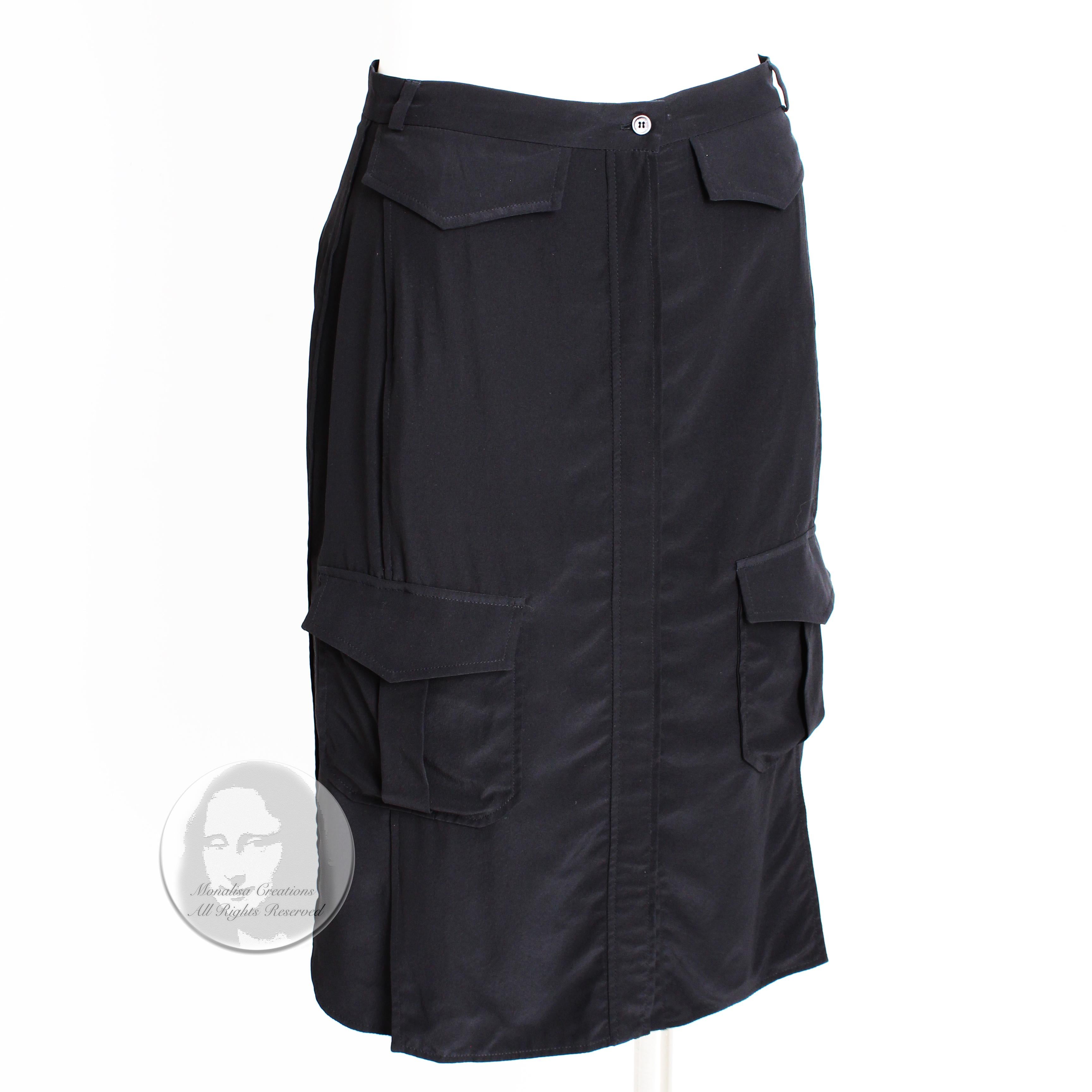 Celine Paris Silk Skirt Button Front Patch Pocket Phoebe Philo Black NWT Size 38 In Excellent Condition For Sale In Port Saint Lucie, FL