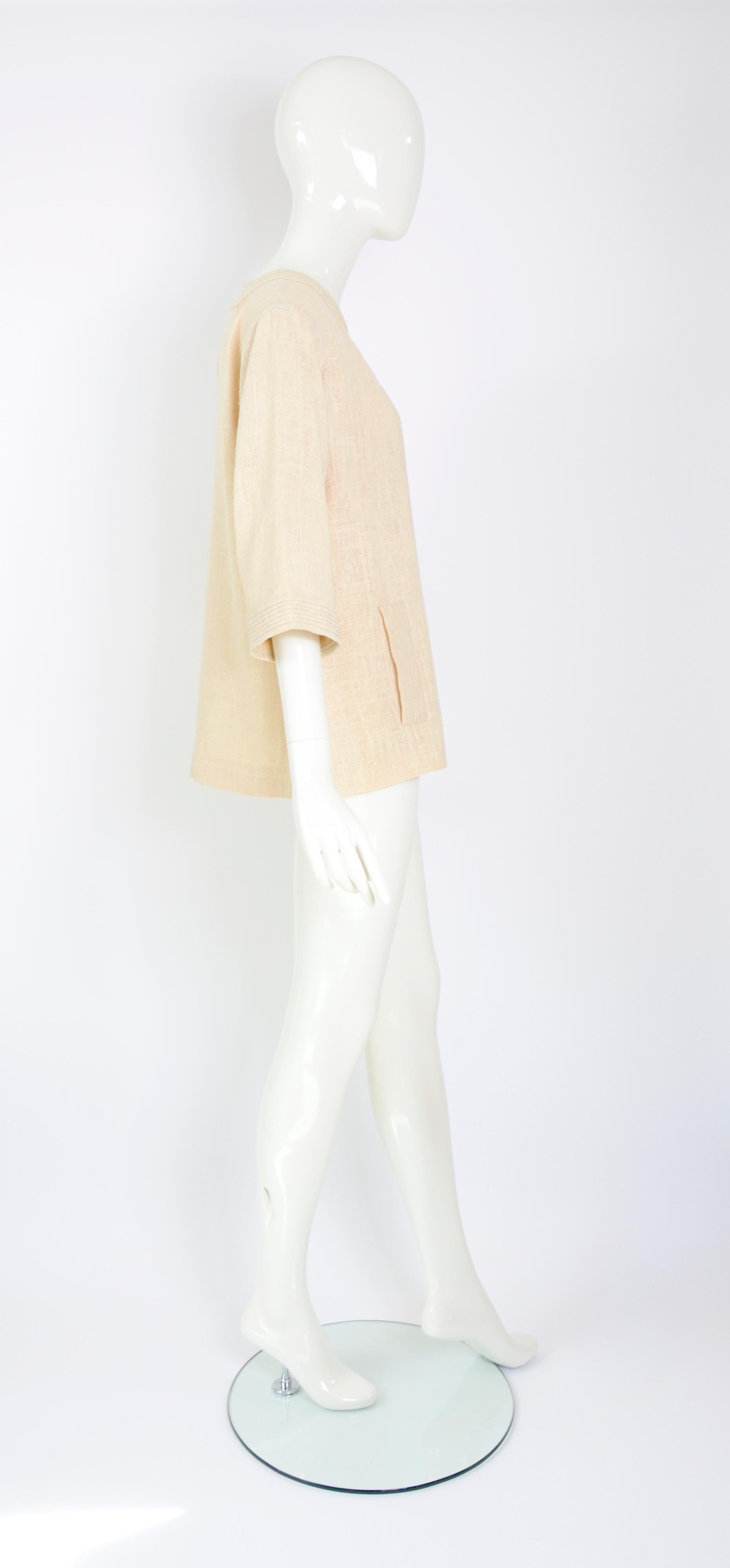 Celine Paris vintage 1970s blouse made in linen or raw jute fabric. 5