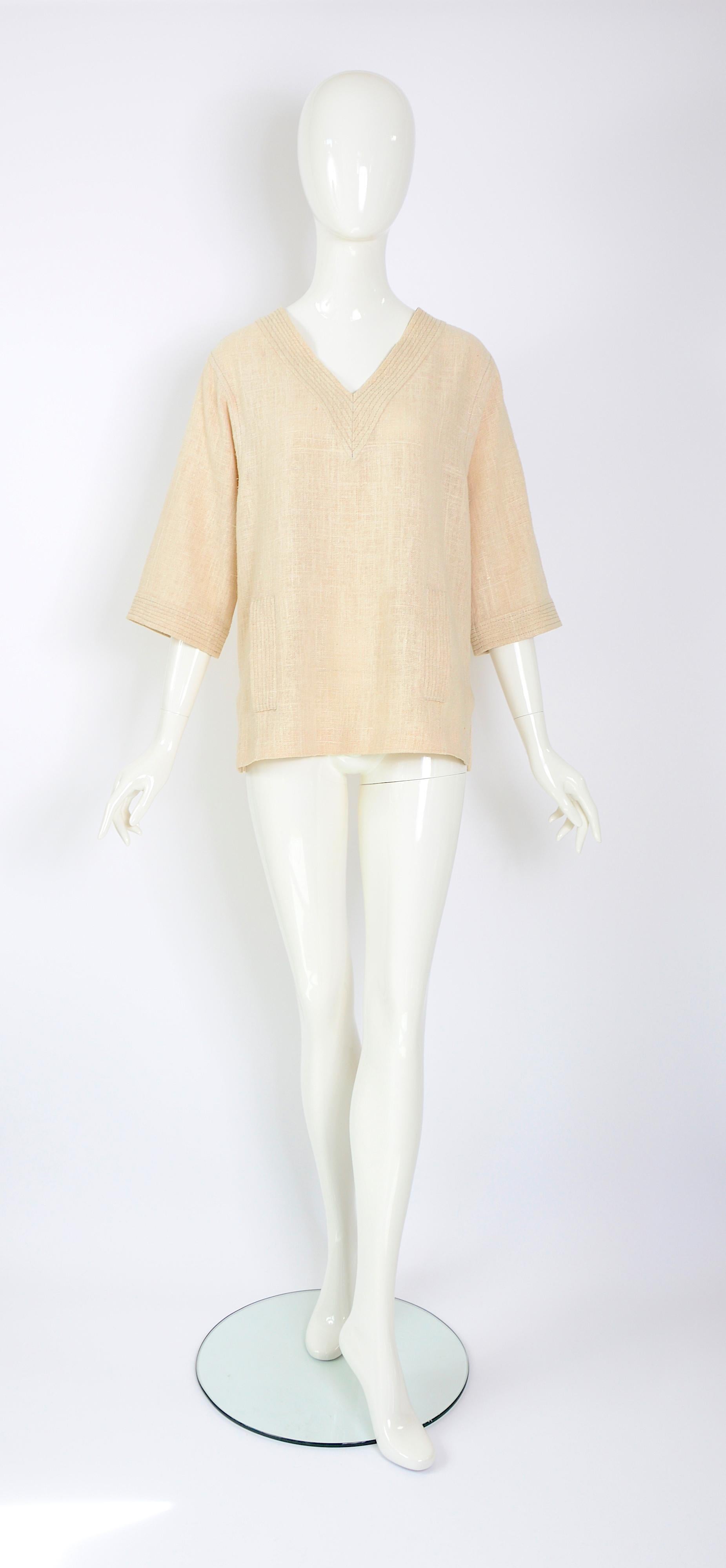 Celine Paris vintage 1970s blouse made in linen or raw jute fabric. 7