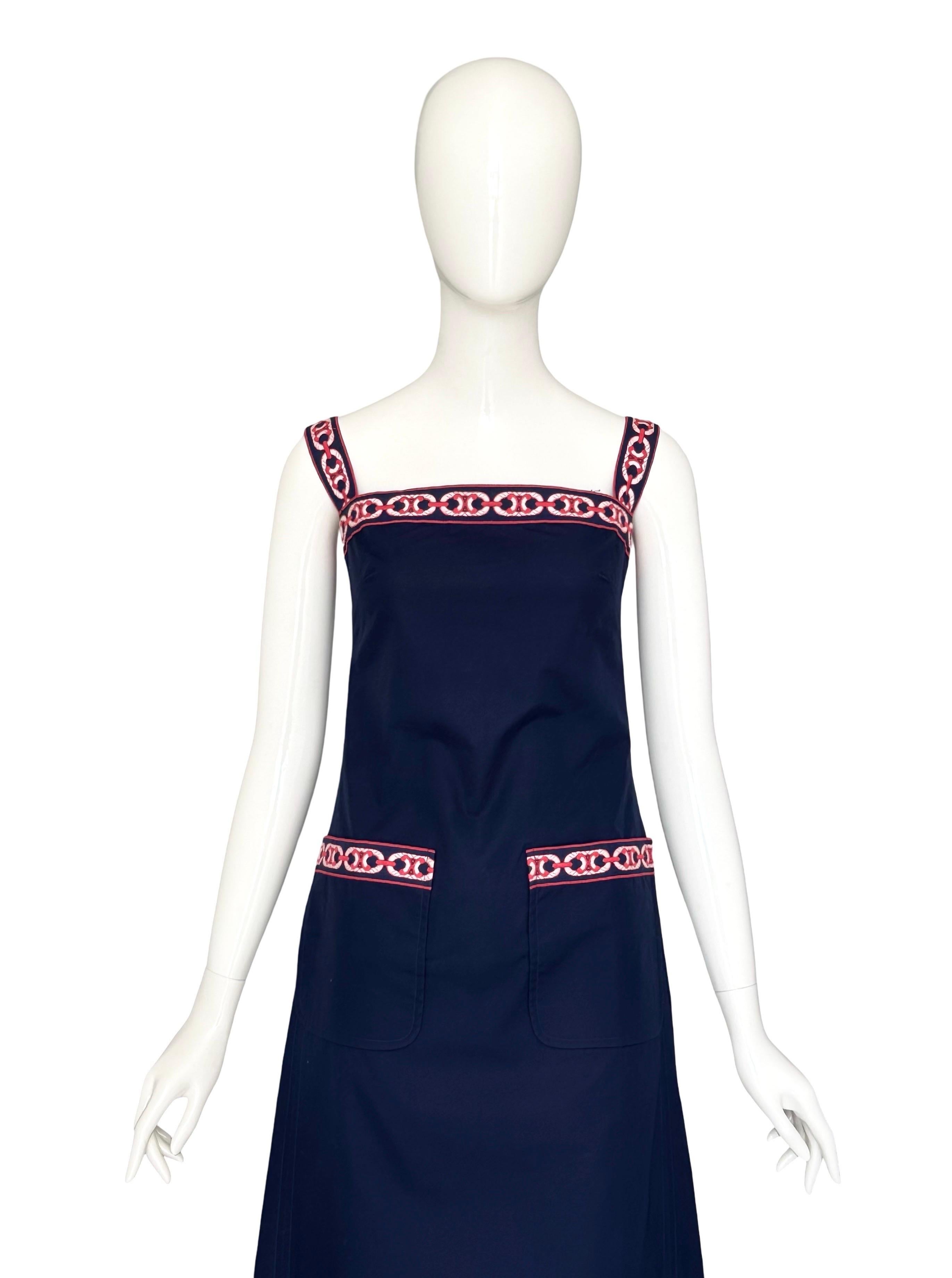 Celine Paris by Celine Vipiana Circa 1973 Vestido Largo Algodón Bleu Logo Rojo/Blanco Negro en venta