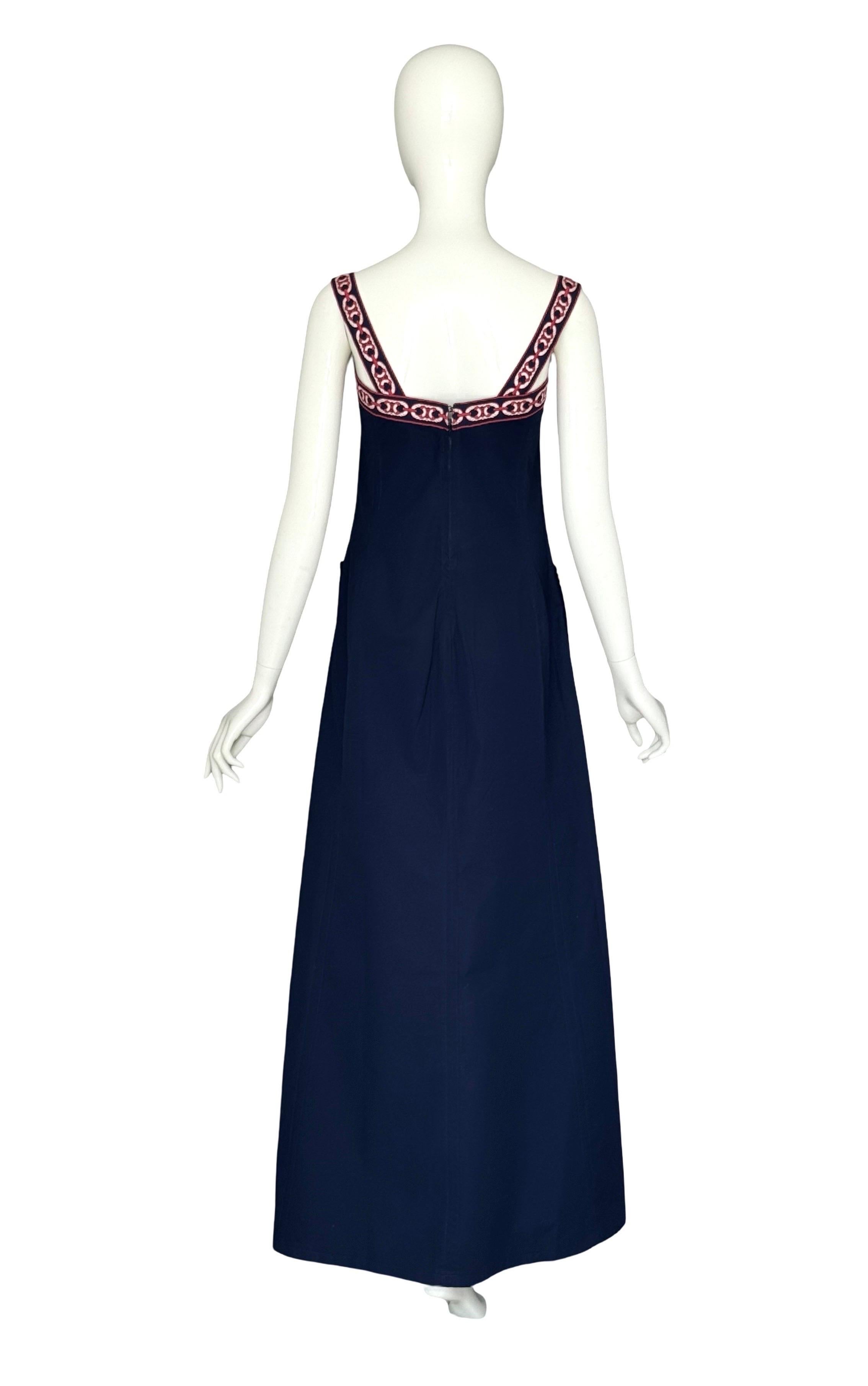 Celine Paris by Celine Vipiana Circa 1973 Vestido Largo Algodón Bleu Logo Rojo/Blanco en venta 1