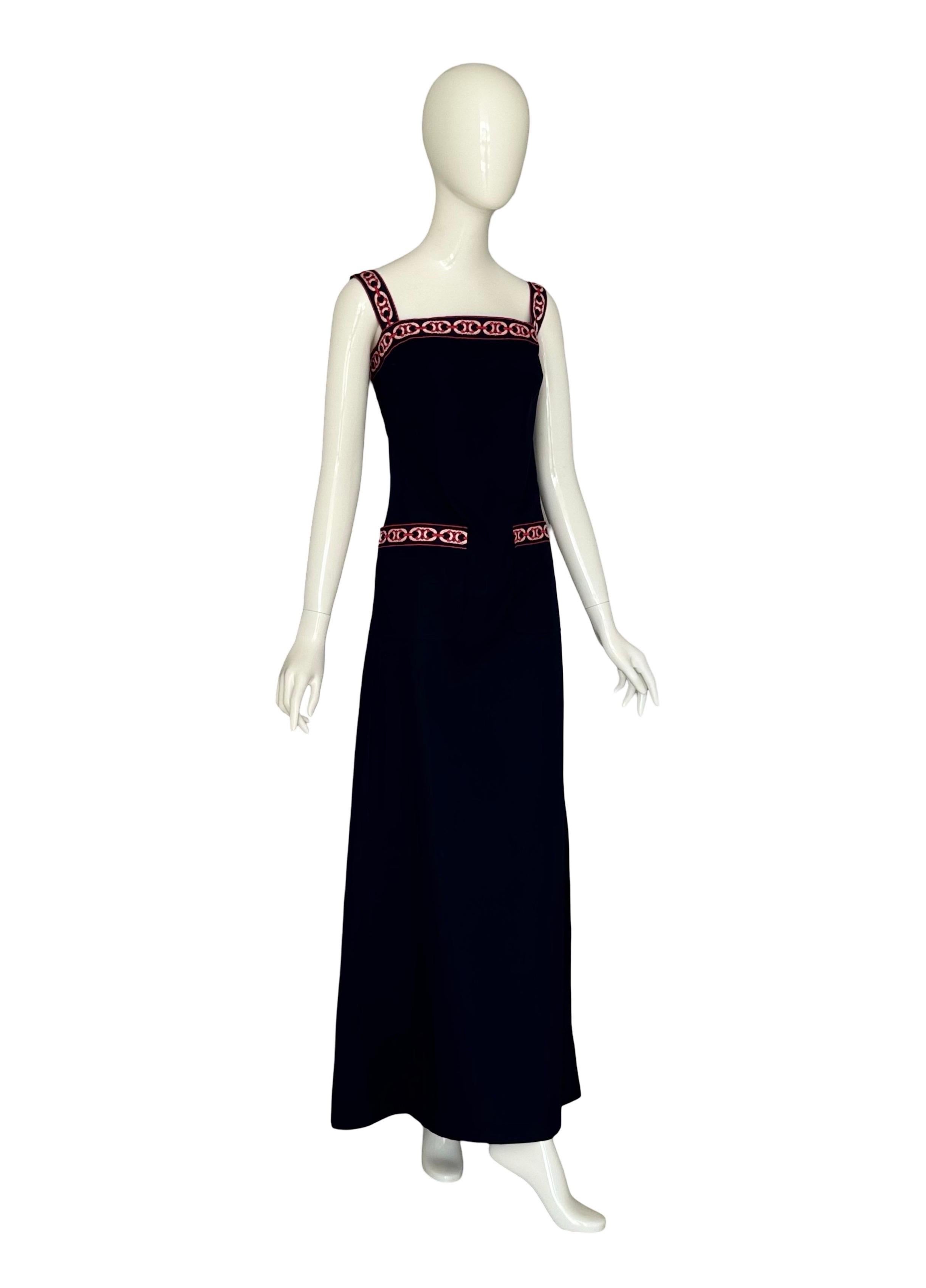 Celine Paris by Celine Vipiana Circa 1973 Vestido Largo Algodón Bleu Logo Rojo/Blanco en venta 3