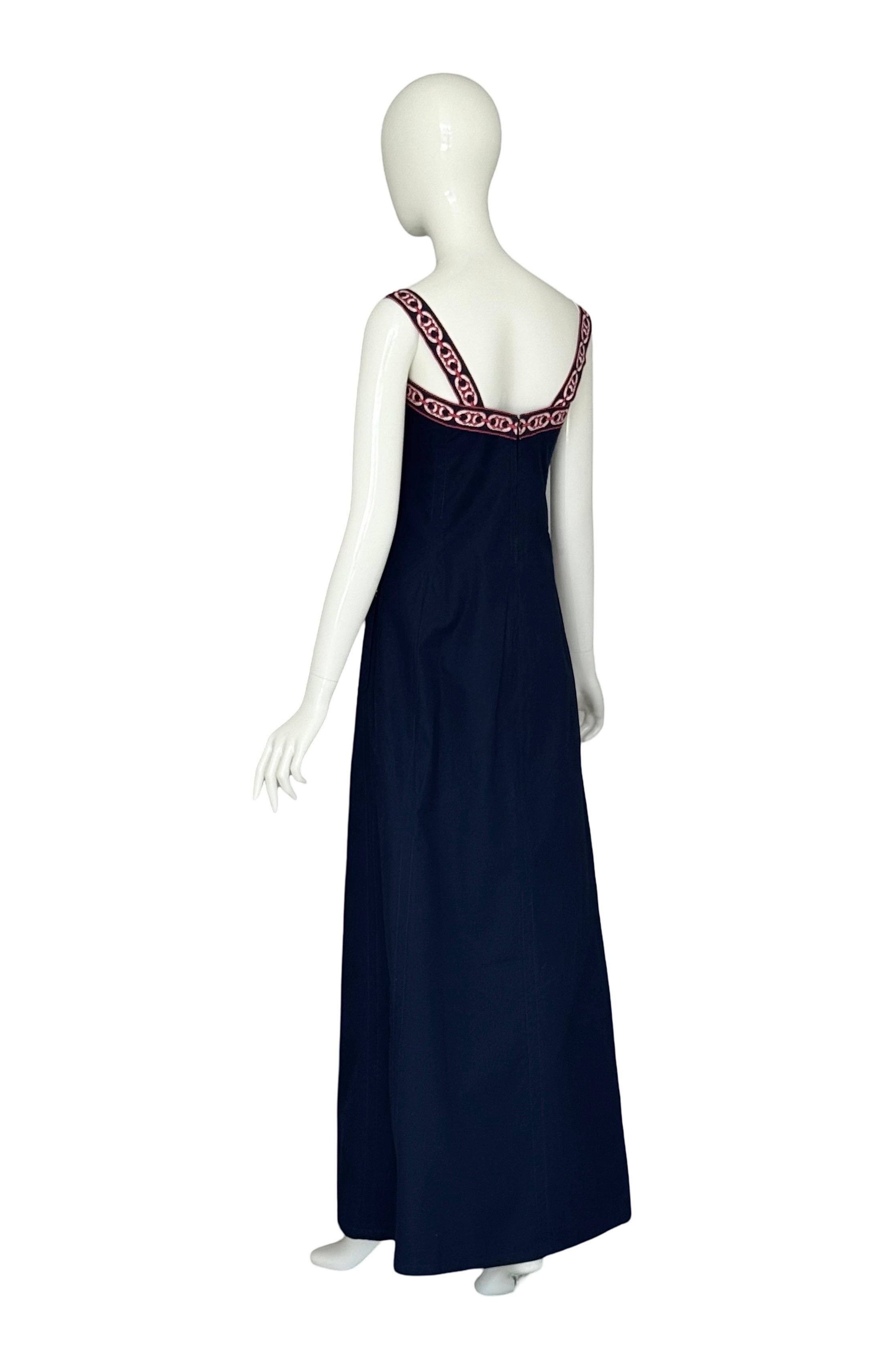 Celine Paris by Celine Vipiana Circa 1973 Vestido Largo Algodón Bleu Logo Rojo/Blanco en venta 4