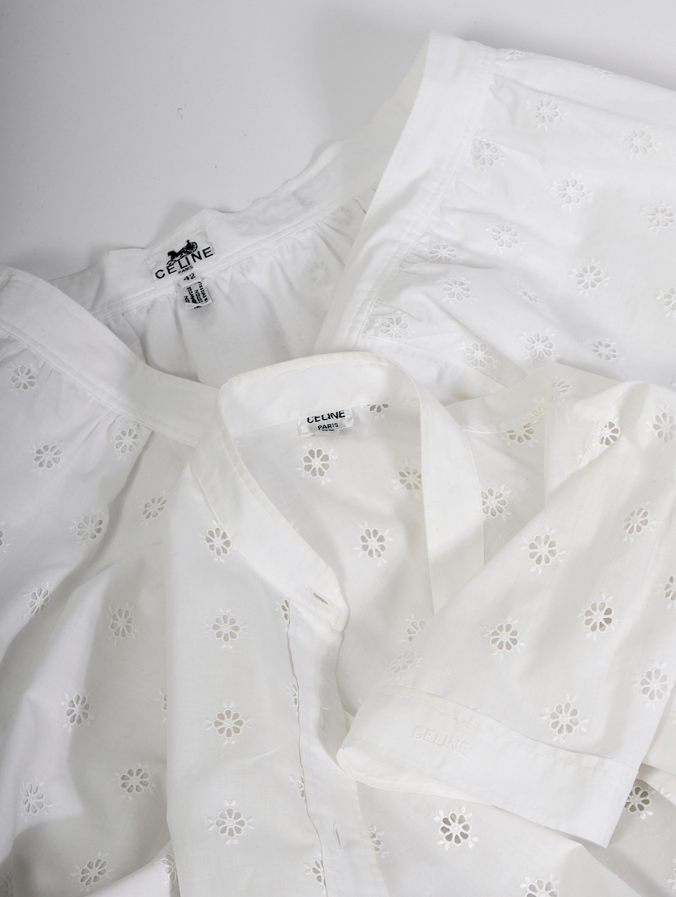 Celine Paris Vintage 80er Jahre Weißer bestickter Baumwoll-Wickelrock & Bluse mit Blumenstickerei im Angebot 12
