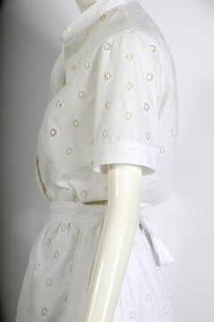 Celine Paris vintage 80s white flower embroidered cotton wrap skirt & blouse set