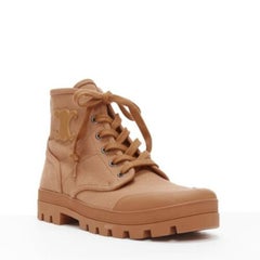 CELINE Patapans Triomphe toile marron cuir patch lacets bottes de combat EU37
