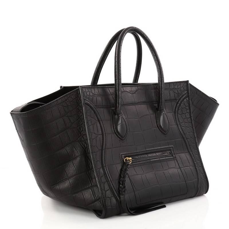 Black Celine Phantom Handbag Crocodile Embossed Leather Medium