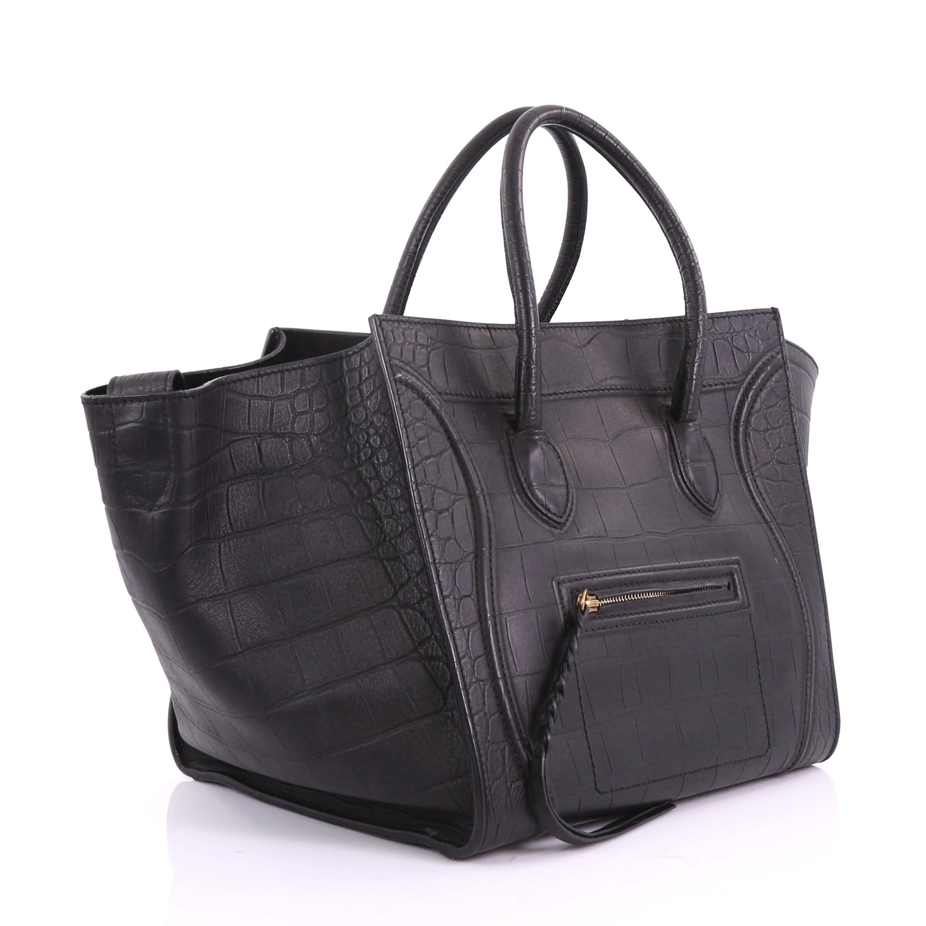 Black Celine Phantom Handbag Crocodile Embossed Leather Medium