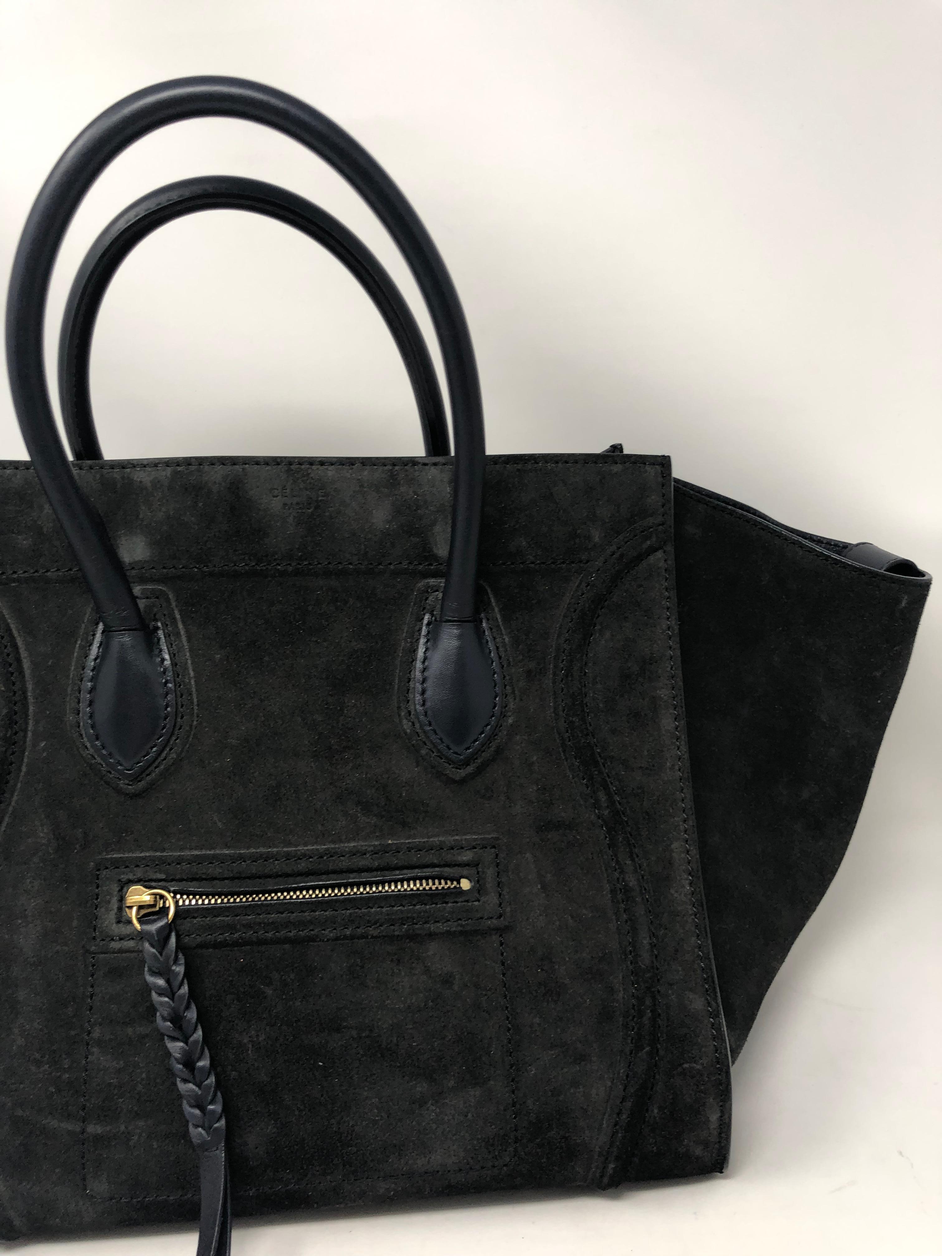 Celine Phantom Bag in Charcoal gray suede and blue leather. Good condition. Dark gray suede is versatile. Blue interior in excellent and clean condition. Guaranteed authentic. 