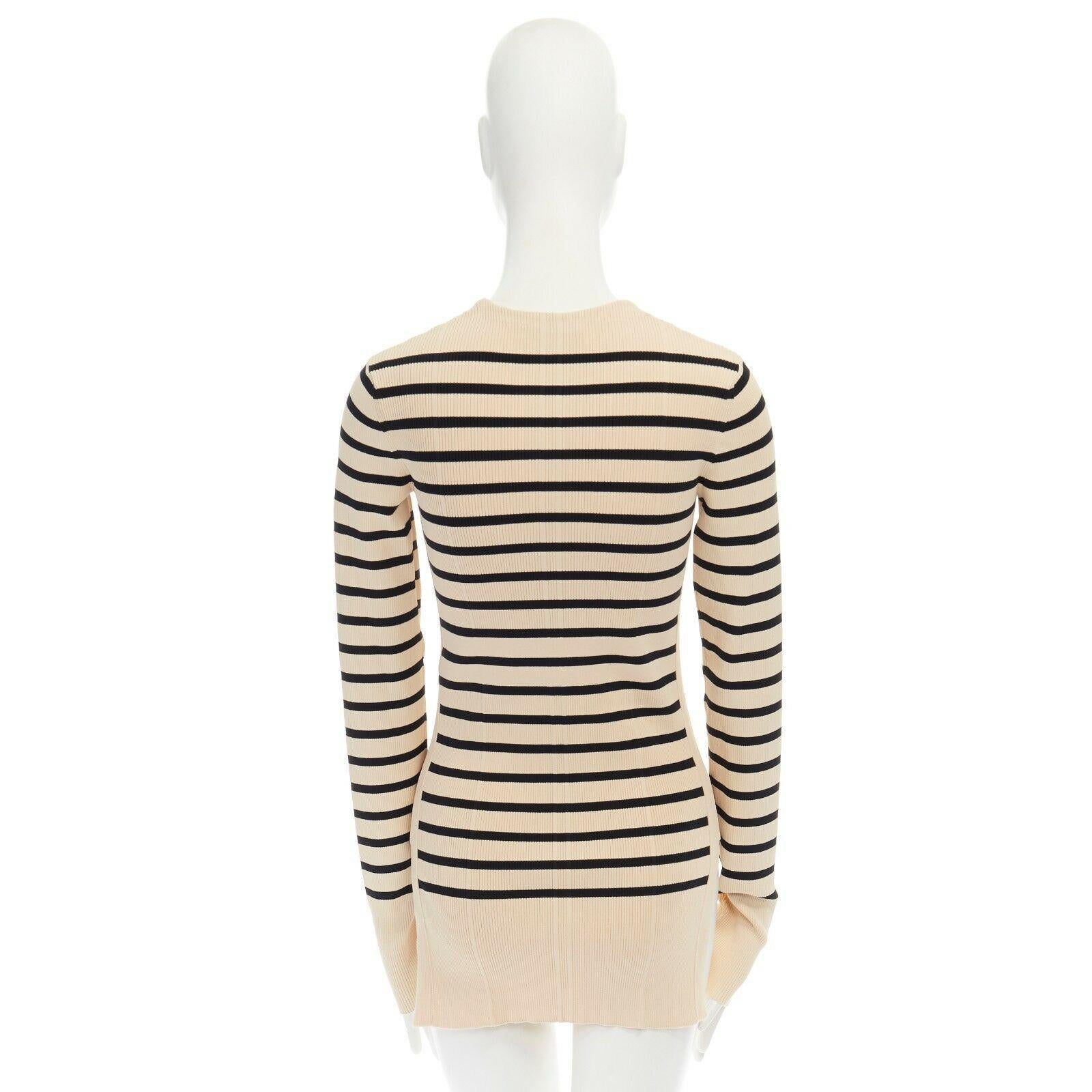 Beige CELINE PHILO beige black nautical stripe side slit ribbed stretch sweater top S