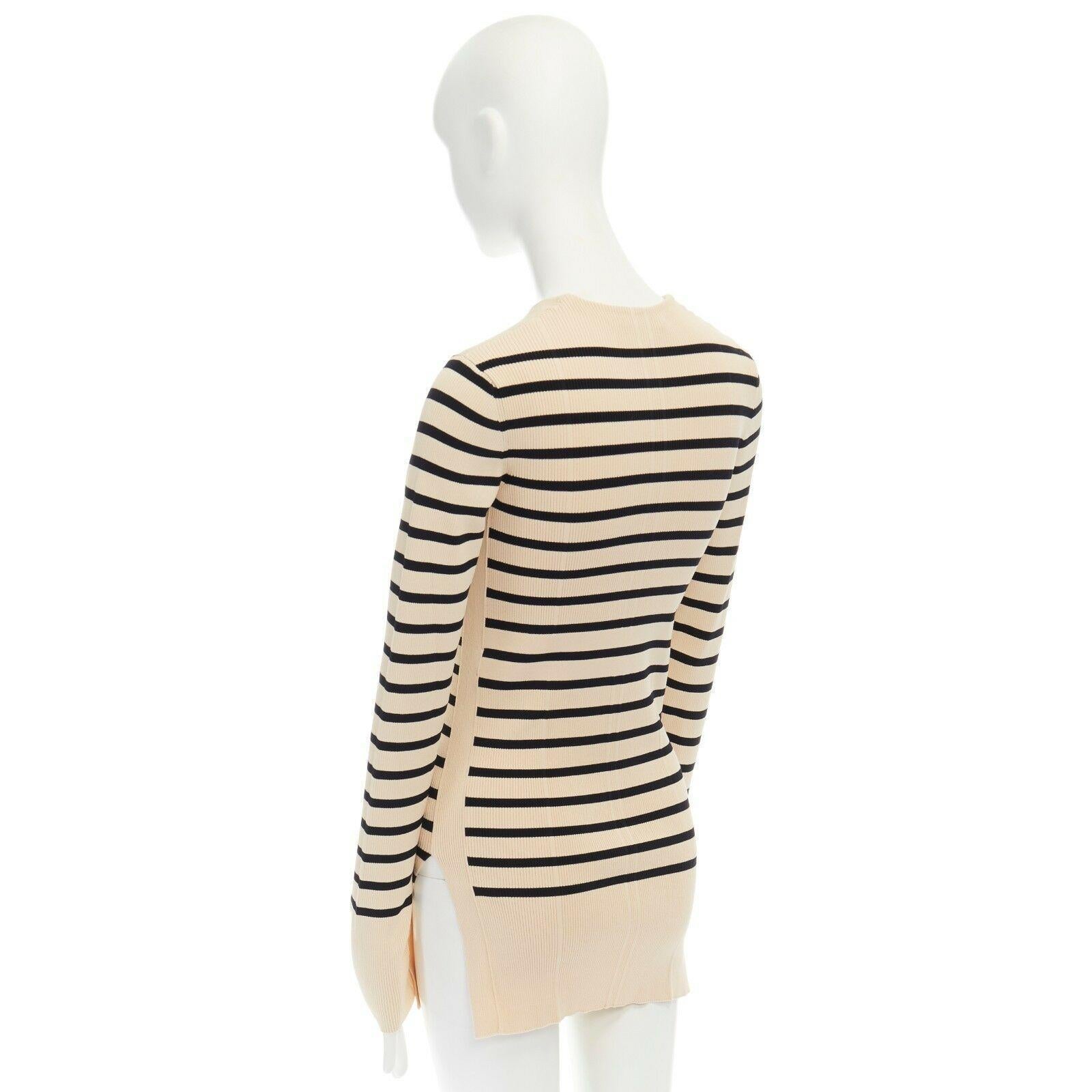 CELINE PHILO beige black nautical stripe side slit ribbed stretch sweater top S In Excellent Condition In Hong Kong, NT